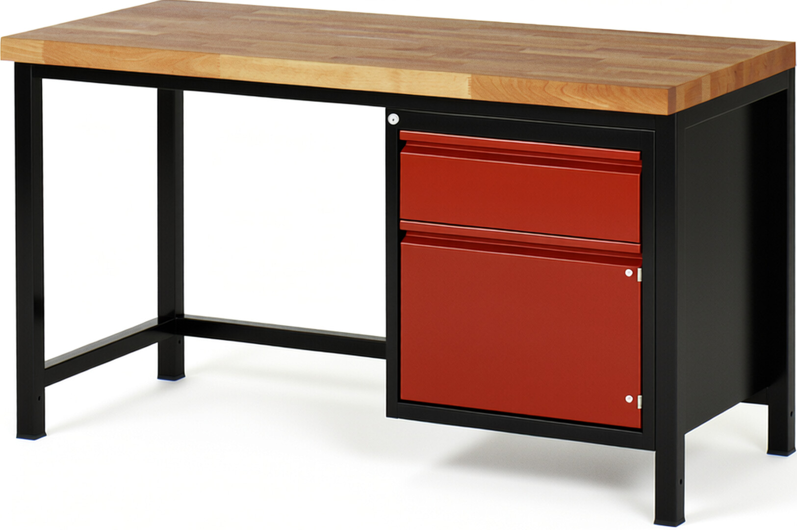 Werkbank schwarz - rot, Breite 150 cm, Tiefe 70 cm, Höhe 104 cm, 1 Schublade(n), Platte: Buche-Massiv-Arbeitsplatte