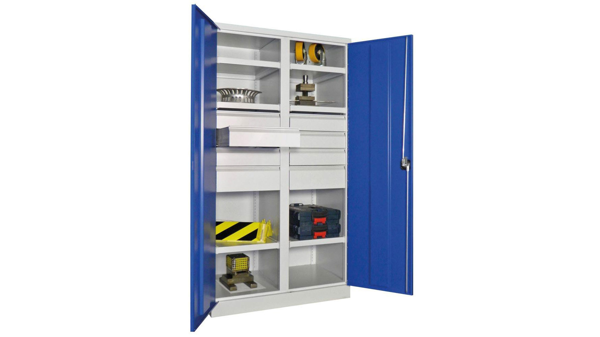 Schwerlastschrank - Vollblechtüren - Trennwand - 6 Böden - 8 Schubladen - 1.950x1.040x630 mm (HxBxT) - lichtgrau/enzianblau