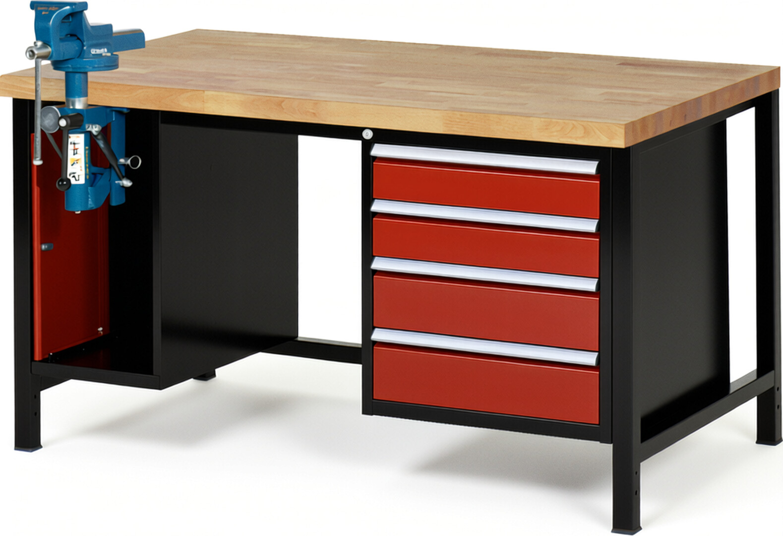 RAU Werkbank schwarz - rot - Breite 150 cm - Tiefe 90 cm - Höhe 84 cm - Buche-Massiv Arbeitsplatte 40 mm