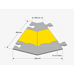 Kabelbrücke-Winkelstück 45 Grad, Farbe schwarz-gelb, rechts, Hartgummimischung mit Deckel, LxBxH 500/200x600x75 mm