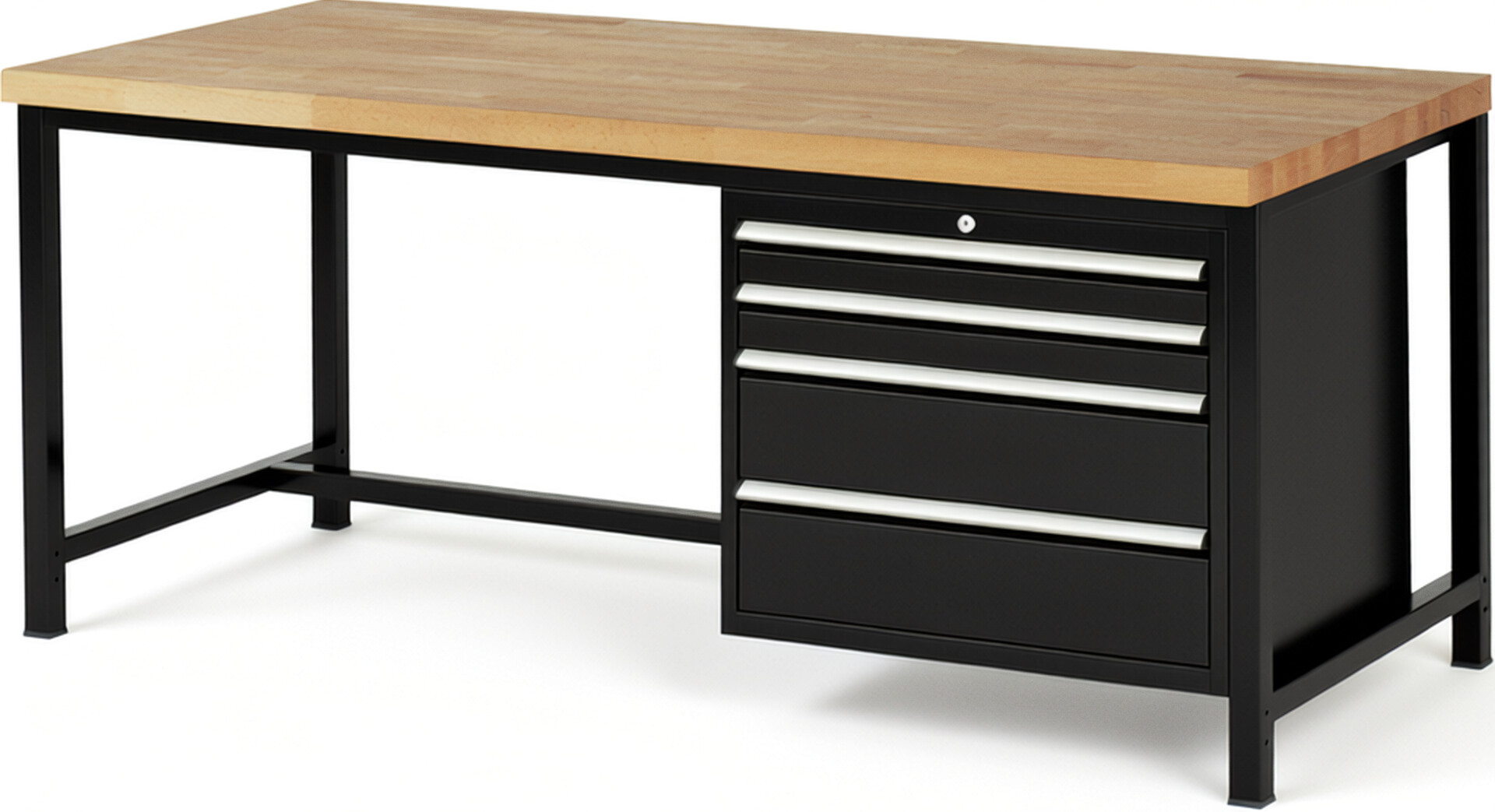 Werkbank Modell 8261 schwarz, BxTxH 2000x900x840-1040 mm,  Buche-Massiv Arbeitsplatte 40 mm,  4 Schubladen mit  Vollauszug 100 % und  SoftClosing