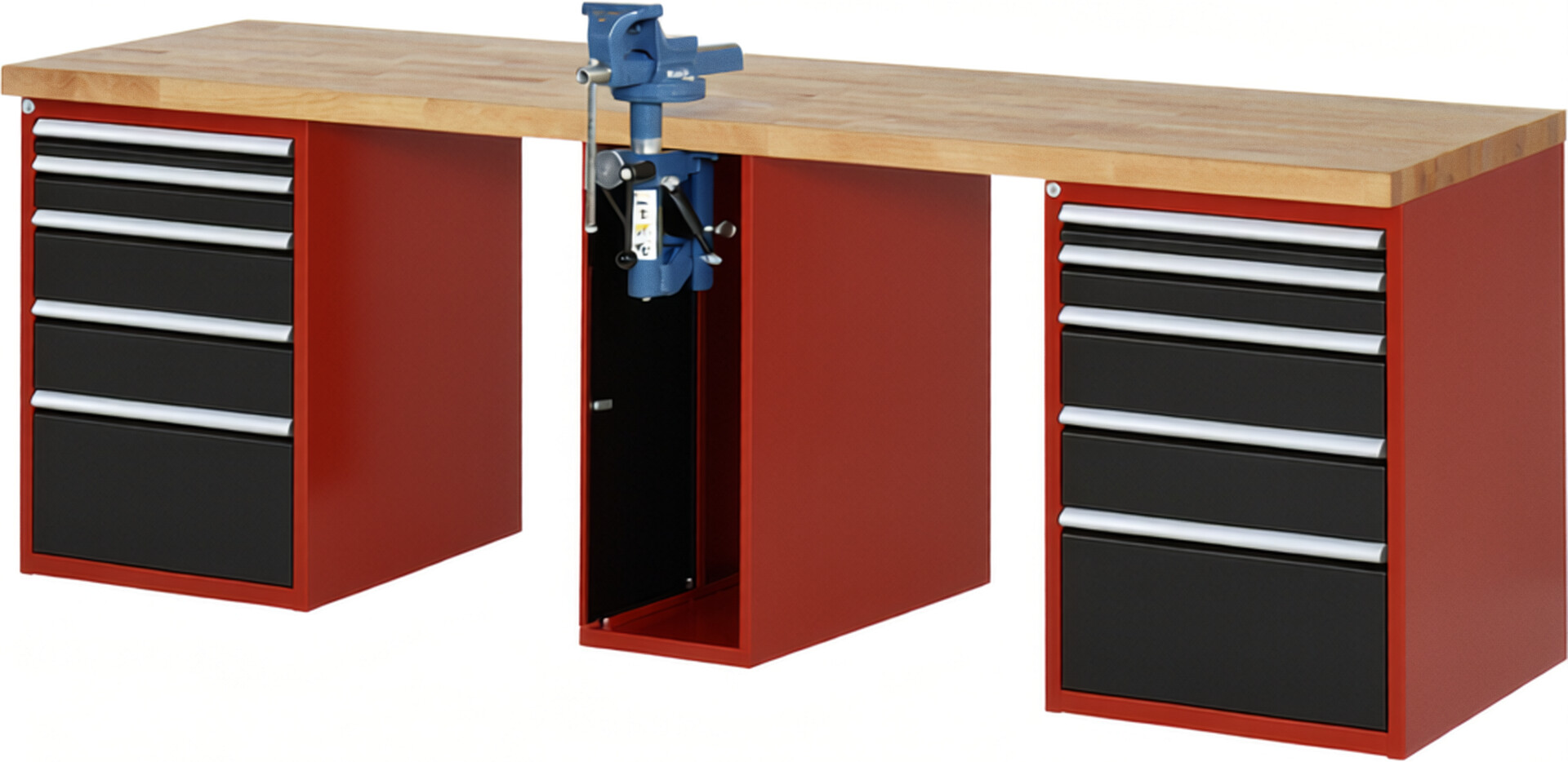 Werkbank Modell 7511 rot - schwarz, BxTxH 2500x700x890 mm,  Buche-Massiv Arbeitsplatte 40 mm,  10 Schubladen mit  Auszug 90 %