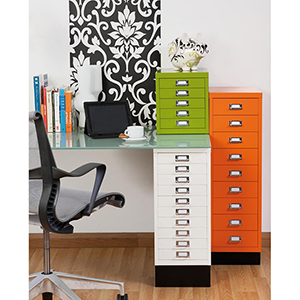 Schubladenschrank aus Stahl, BxTxH 279x380x670 mm, 10 Schubladen 51 mm, DIN A4, Sockel 80 mm hoch, verkehrsweiß