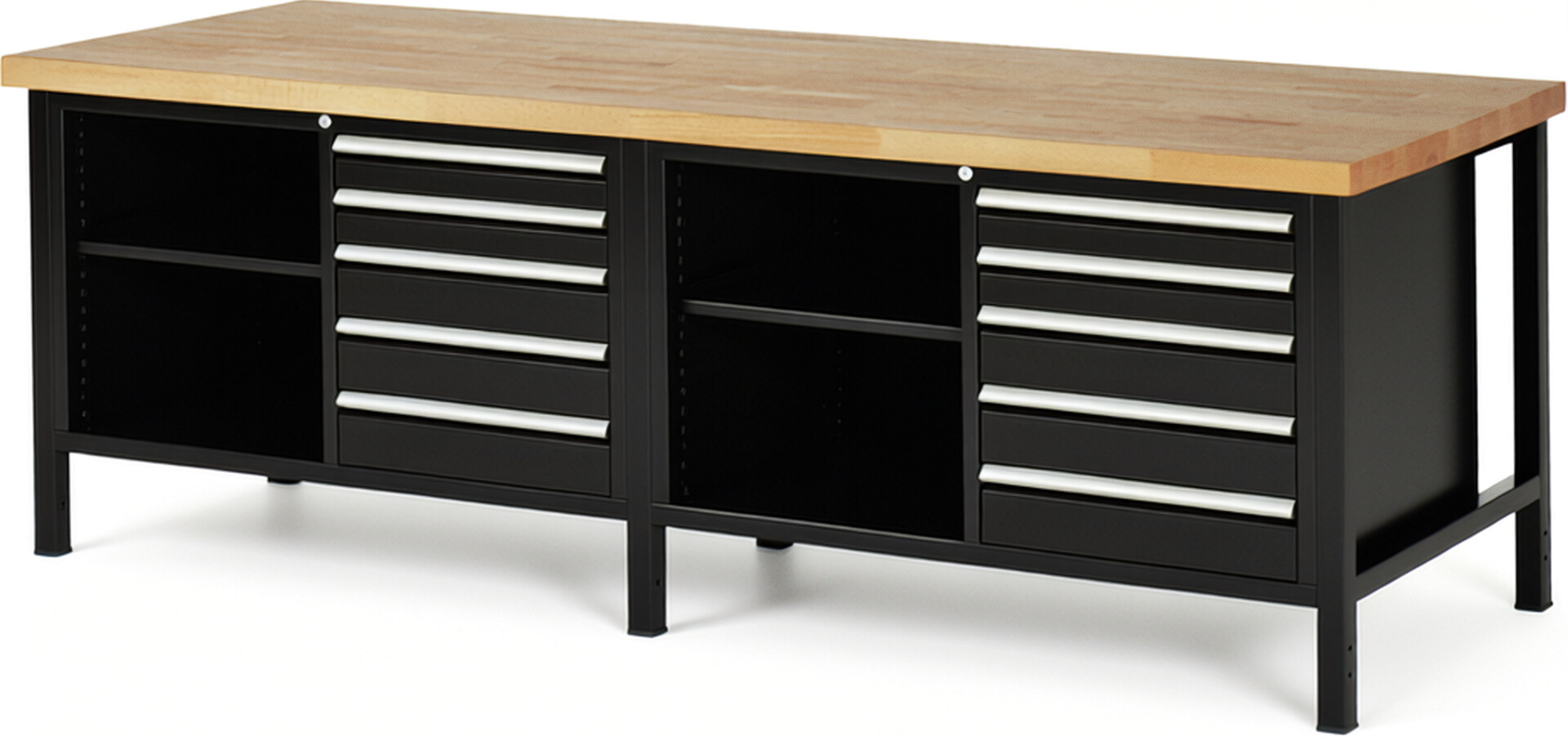 Werkbank Modell 8464 schwarz, BxTxH 2500x900x840-1040 mm,  Buche-Massiv Arbeitsplatte 40 mm,  10 Schubladen mit  Auszug 90 %