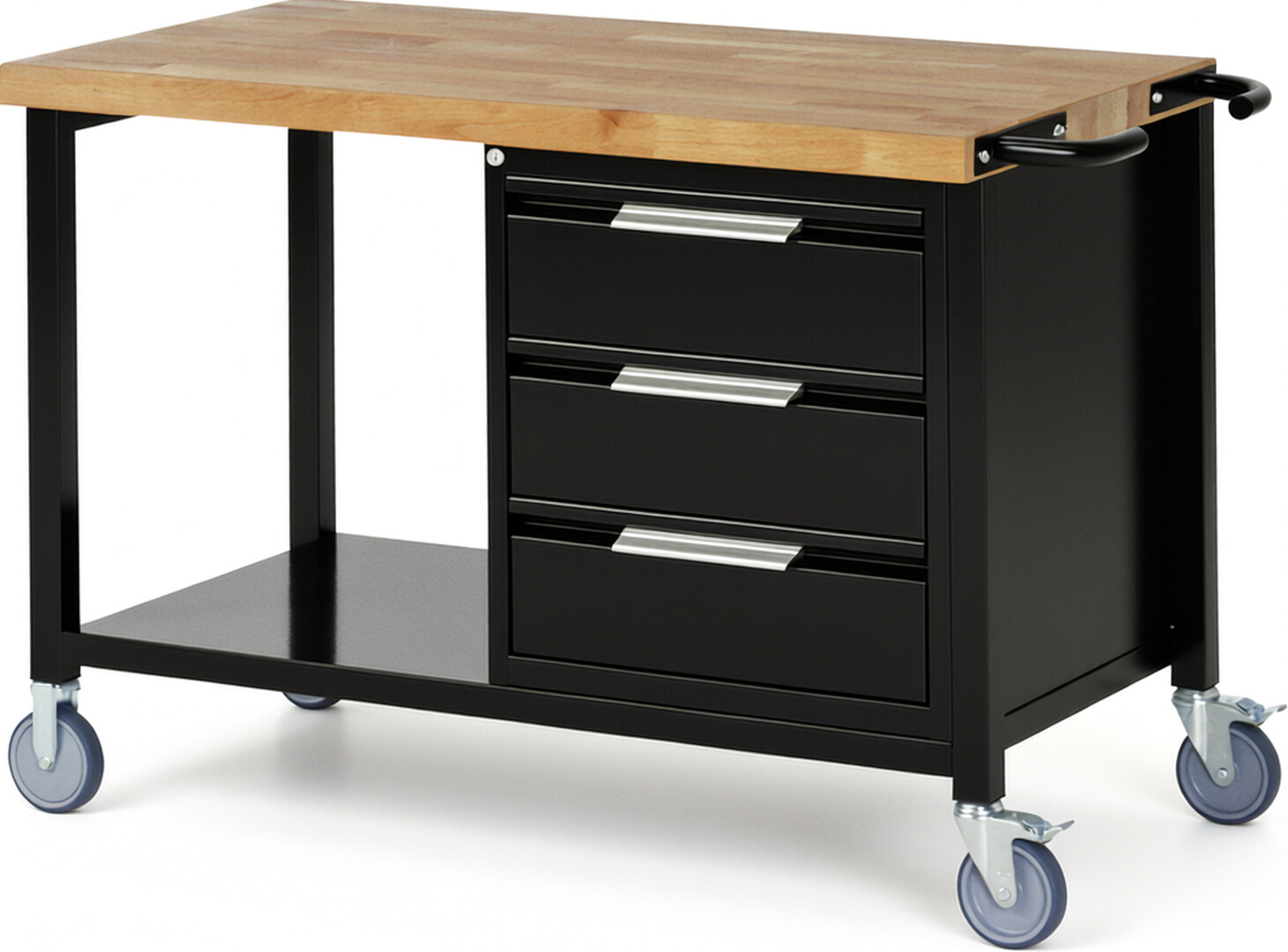 Fahrbare Werkbank - Modell 8157 BASIC schwarz, BxTxH 1250x700x880 mm,  Buche-Massiv Arbeitsplatte 40 mm,  3 Schubladen mit  Auszug 90 %