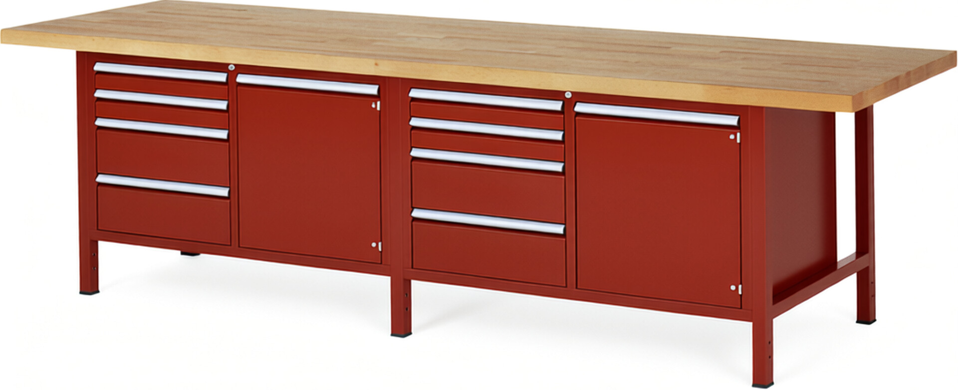 Werkbank Modell 8470 rot, BxTxH 3000x900x840-1040 mm,  Buche-Massiv Arbeitsplatte 40 mm,  8 Schubladen mit  Auszug 90 %