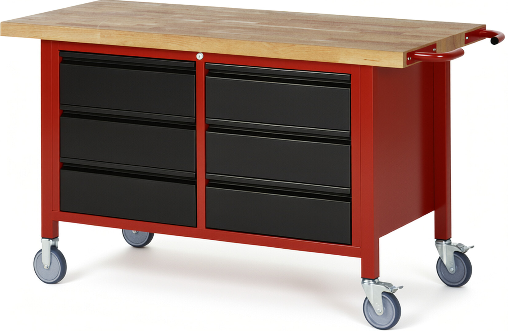 Fahrbare Werkbank - Modell 8473 BASIC rot - schwarz, BxTxH 1500x700x880 mm,  Buche-Massiv Arbeitsplatte 40 mm,  6 Schubladen mit  Auszug 90 %