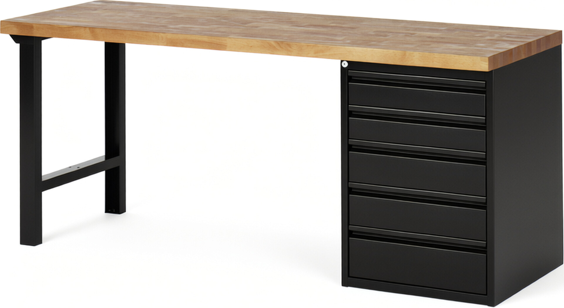 Werkbank, 1 Unterbau-Container mit 5 Schubladen: 2x120, 2x150, 1x180 mm, Buche-Platte 40 mm schwarz, BxTxH 2000x700x840 mm, RAL 9011/9011