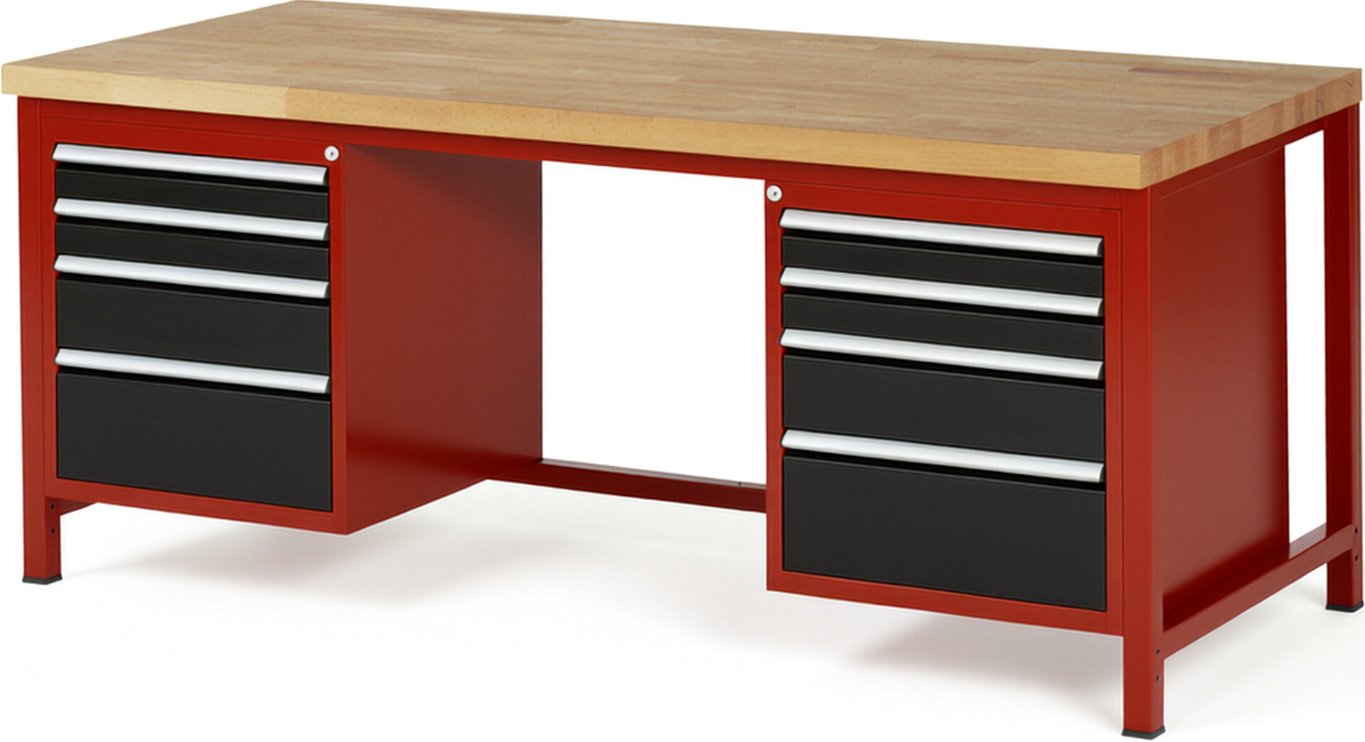 Werkbank Modell 8182 rot - schwarz, BxTxH 2000x900x840-1040 mm,  Buche-Massiv Arbeitsplatte 40 mm,  8 Schubladen mit  Auszug 90 %