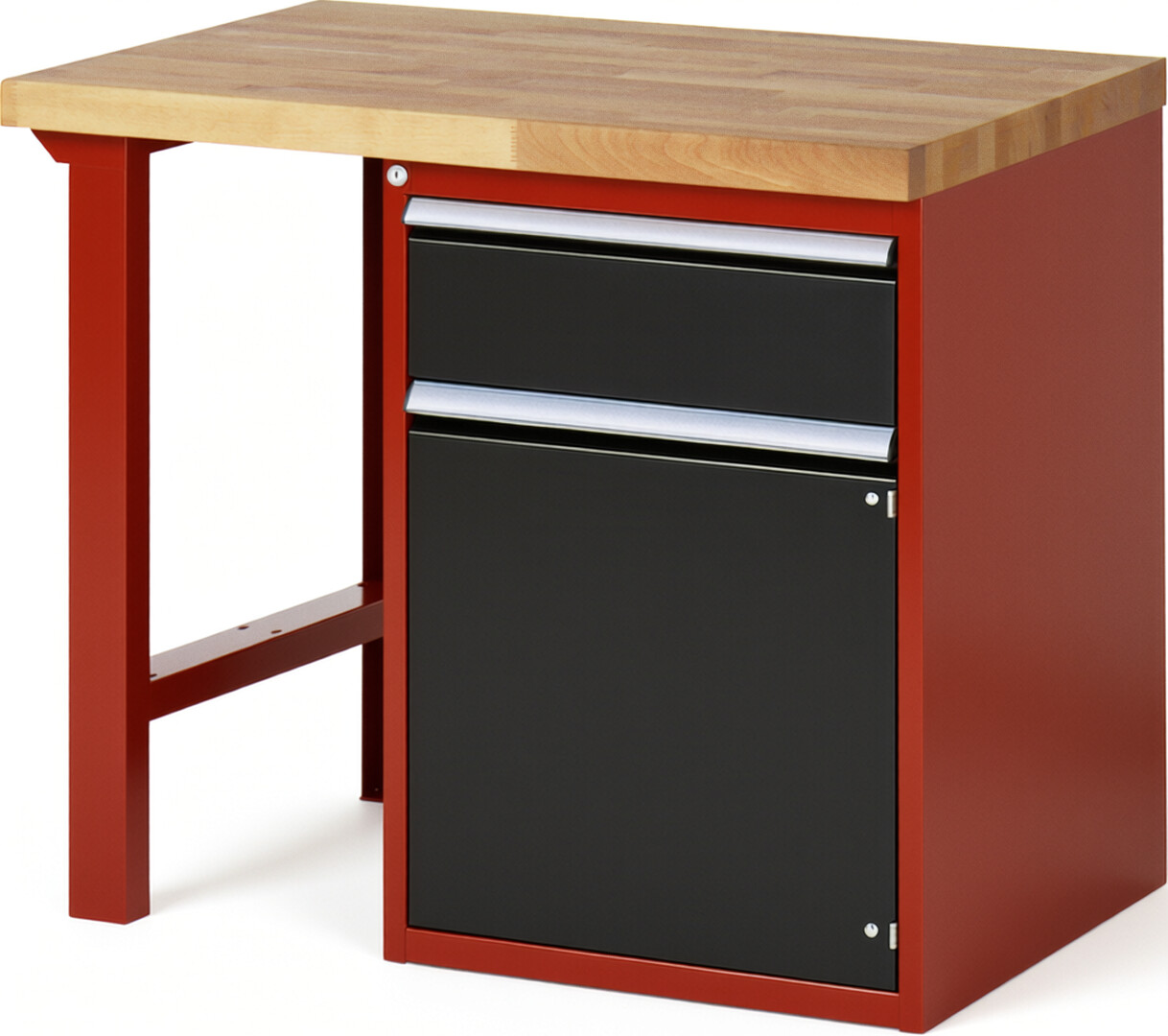 Werkbank Modell 7502 rot - schwarz, BxTxH 1000x700x840 mm,  Buche-Massiv Arbeitsplatte 40 mm,  1 Schublade mit  Vollauszug 100 % und  SoftClosing