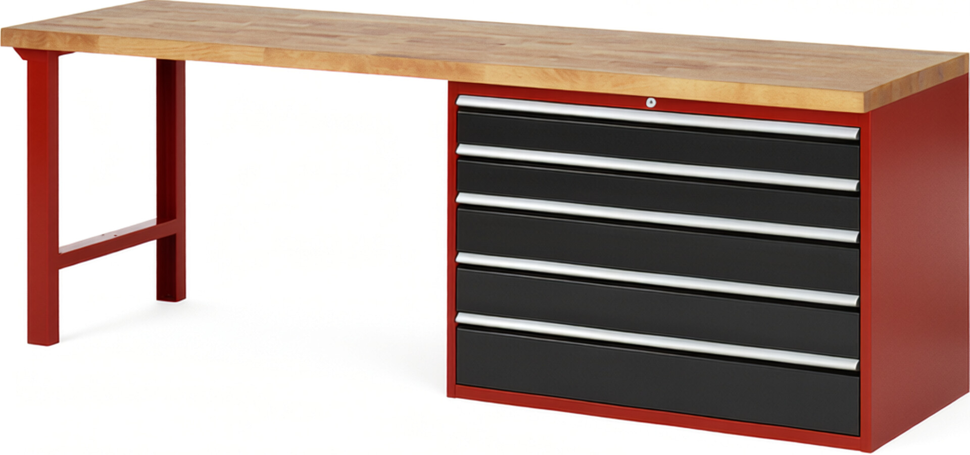 Werkbank Modell 7713 rot - schwarz, BxTxH 2500x700x840 mm,  Buche-Massiv Arbeitsplatte 40 mm,  5 Schubladen mit  Auszug 90 %