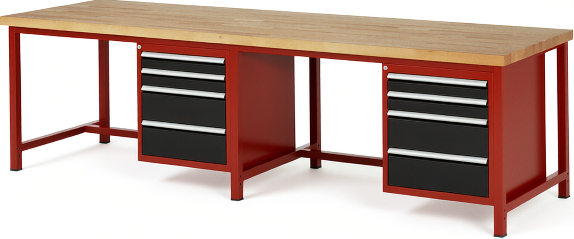 Werkbank Modell 8161 rot - schwarz, BxTxH 3000x900x840 mm,  Buche-Massiv Arbeitsplatte 40 mm,  8 Schubladen mit  Auszug 90 %