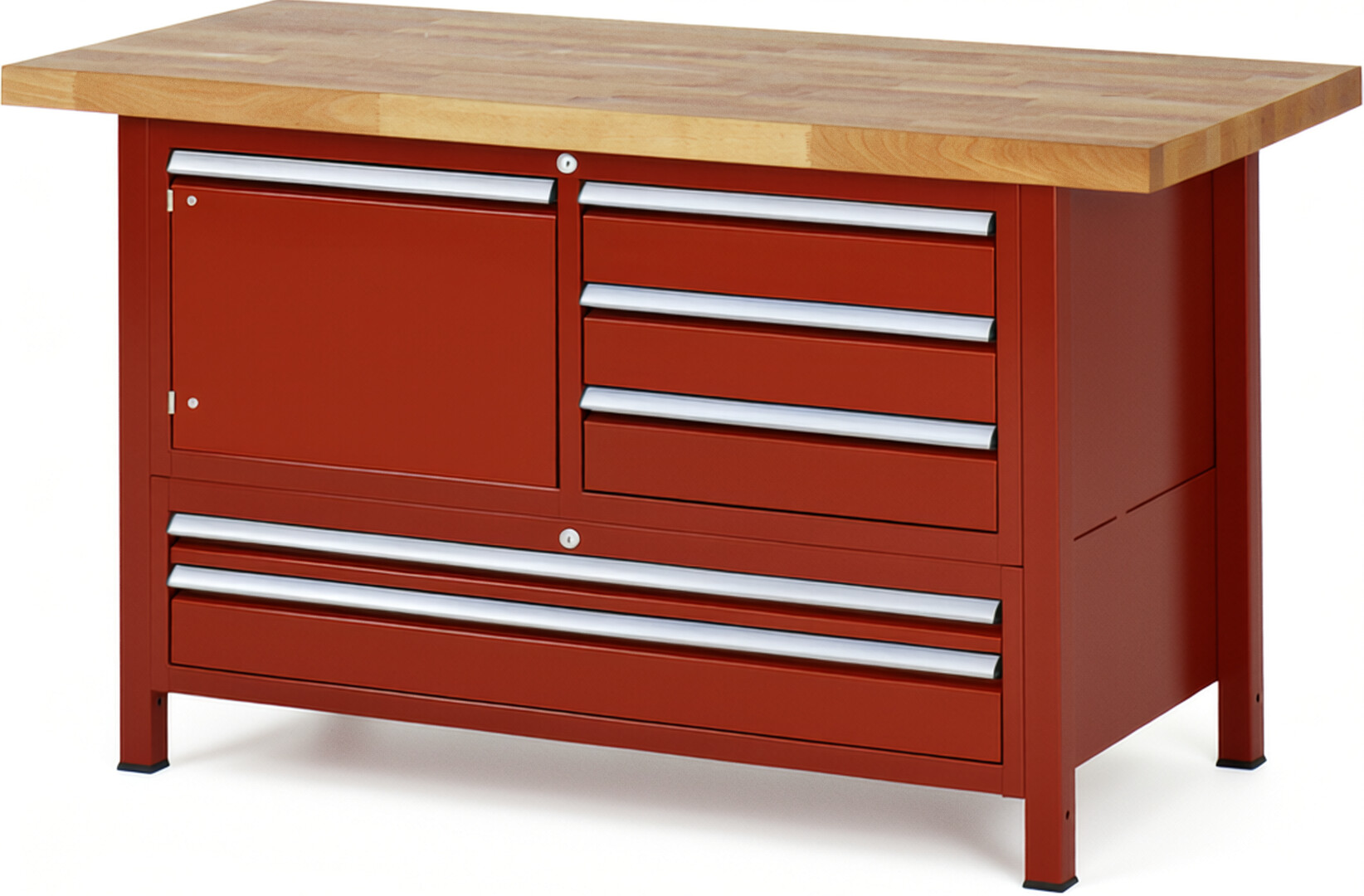 Werkbank Modell 8932 rot, BxTxH 1500x700x840-1040 mm,  Buche-Massiv Arbeitsplatte 40 mm,  5 Schubladen mit  Auszug 90 %
