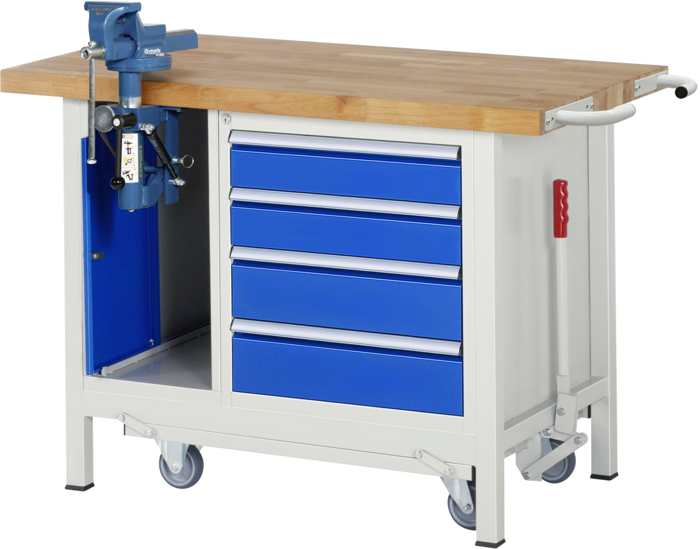 Absenkbare Werkbank Modell 8185 rot - schwarz, BxTxH 1250x700x880 mm,  Buche-Massiv Arbeitsplatte 40 mm,  4 Schubladen mit  Auszug 90 %