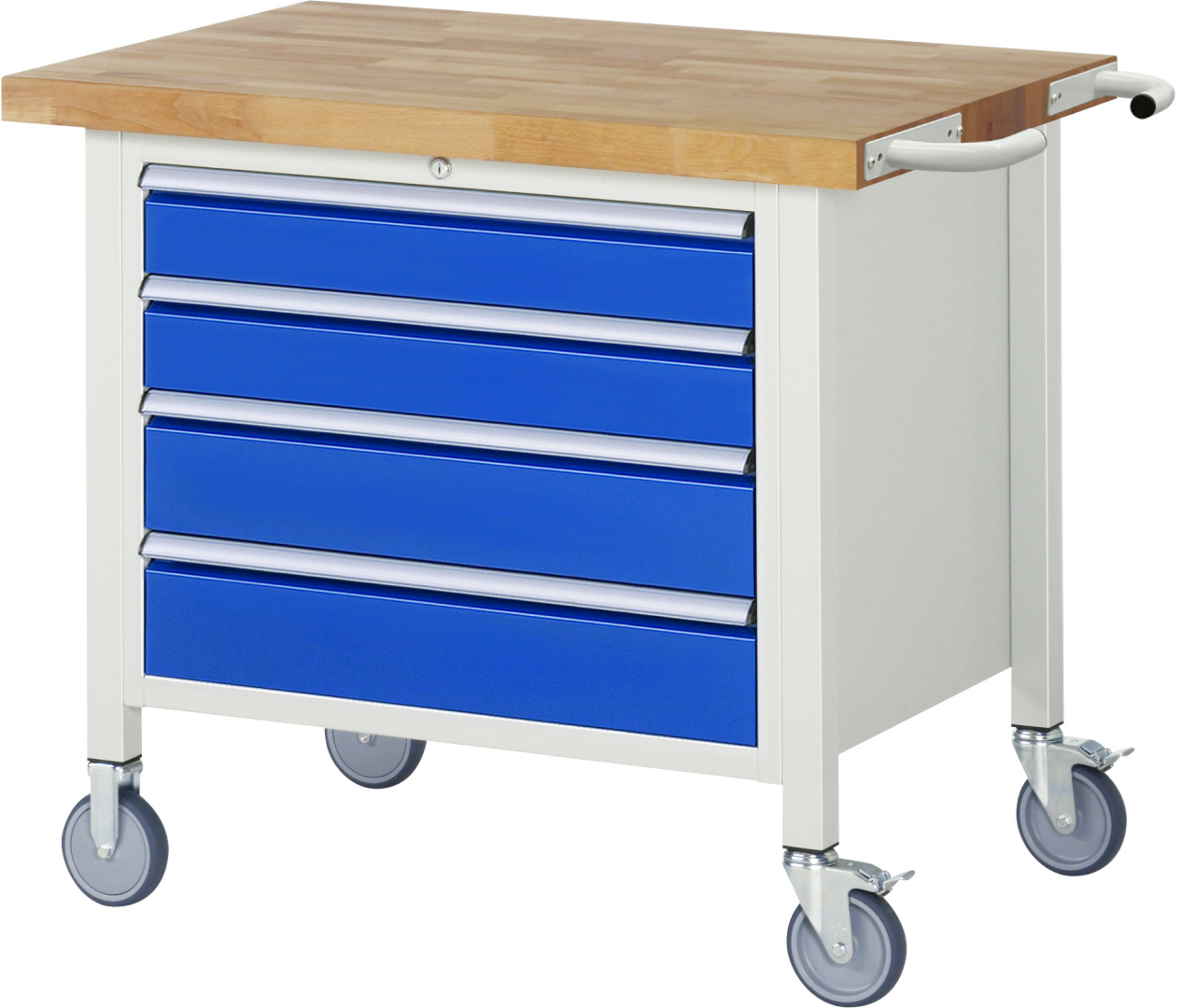 Fahrbare Werkbank Modell 8262 schwarz, BxTxH 1000x700x880 mm,  Buche-Massiv Arbeitsplatte 40 mm,  4 Schubladen mit  Vollauszug 100 % und  SoftClosing