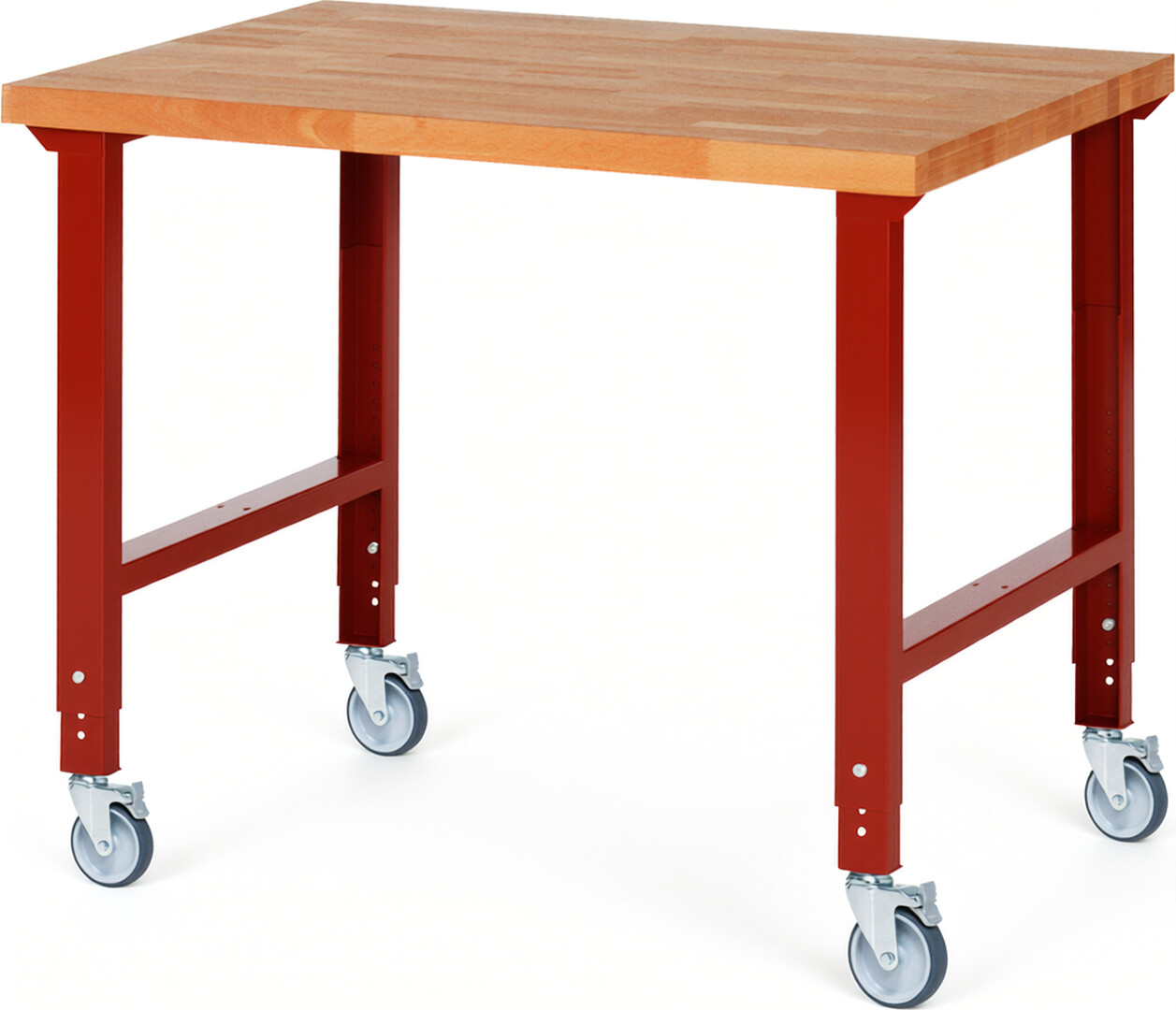 Fahrbare Werkbank Modell 7000 rot, BxTxH 1250x900x950-1000 mm,  Buche-Massiv Arbeitsplatte 40 mm