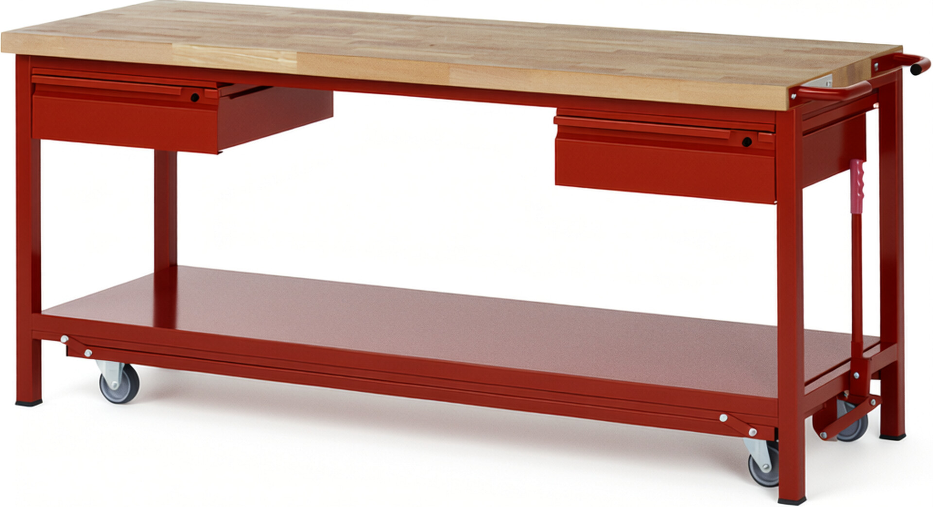 Absenkbare Werkbank - Modell 8002 BASIC rot, BxTxH 2000x700x880 mm,  Buche-Massiv Arbeitsplatte 40 mm,  2 Schubladen mit  Auszug 90 %