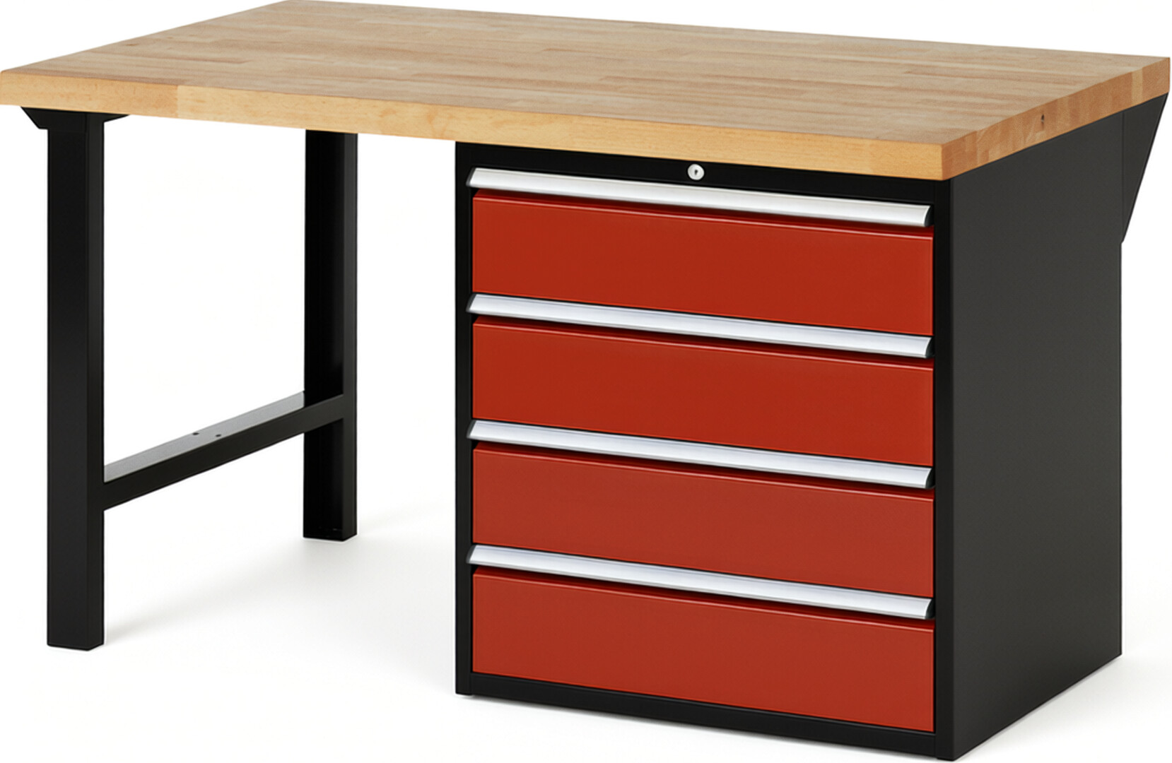 RAU Werkbank schwarz - rot - Breite 150 cm - Tiefe 90 cm - Höhe 84 cm - Buche-Massiv Arbeitsplatte 40 mm