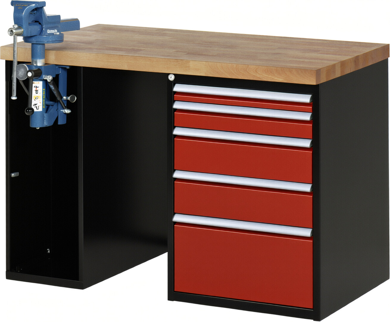 RAU Werkbank schwarz - rot - Breite 125 cm - Tiefe 70 cm - Höhe 89 cm - Buche-Massiv Arbeitsplatte 40 mm