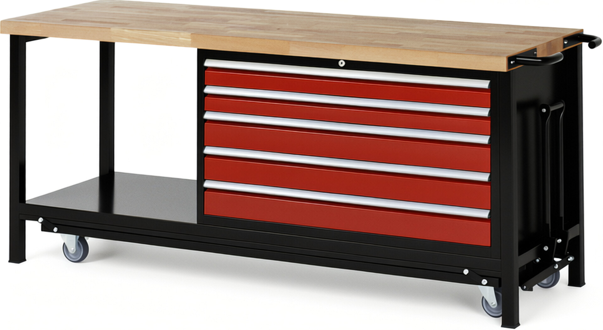 RAU Werkbank schwarz - rot - Breite 200 cm - Tiefe 70 cm - Höhe 88 cm - Buche-Massiv Arbeitsplatte 40 mm