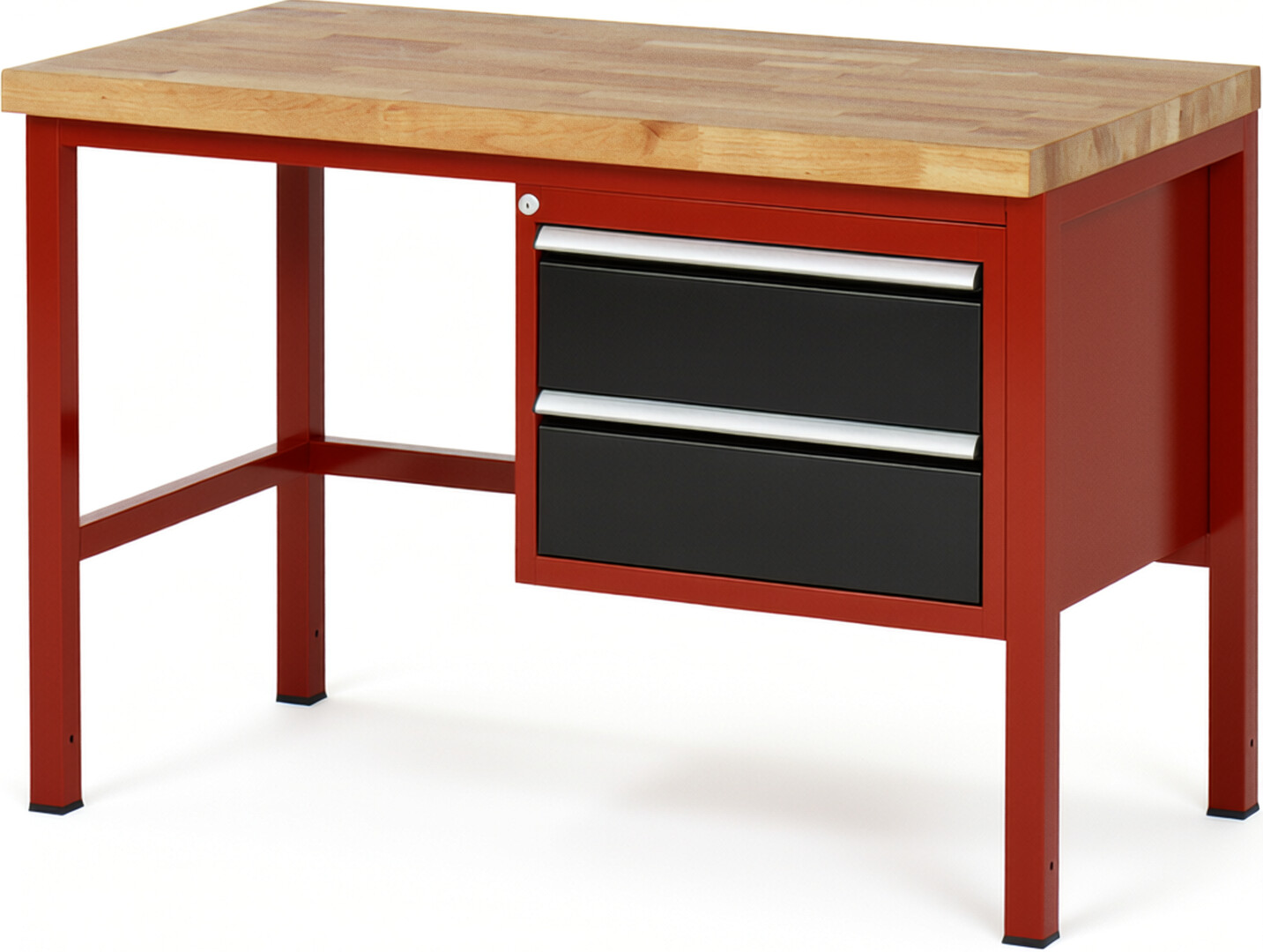 Werkbank Modell 8125 rot - schwarz, BxTxH 1250x700x840-1040 mm,  Buche-Massiv Arbeitsplatte 40 mm,  2 Schubladen mit  Vollauszug 100 % und  SoftClosing