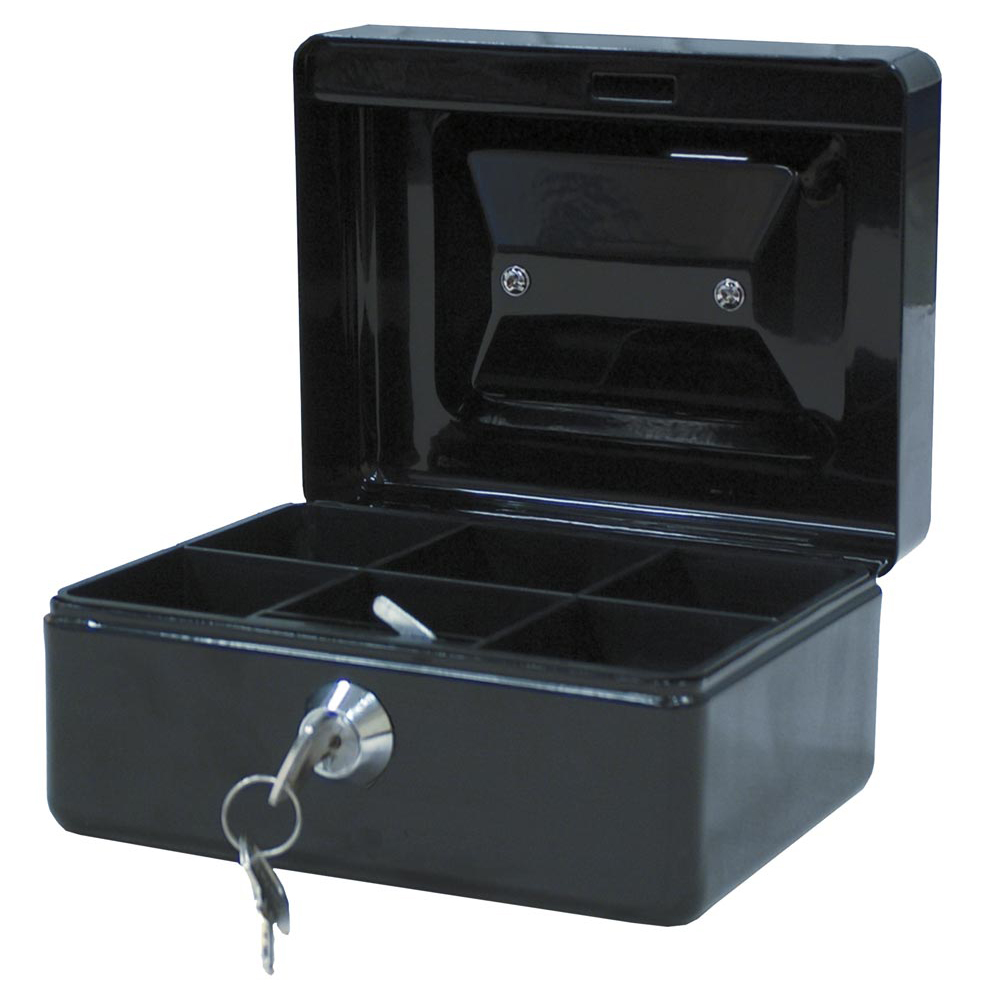 Geldkassette, BxTxH 155x115x80 mm, Stahlblech, schwarzer Hartgeldeinsatz, Zylinderschloss, schwarz