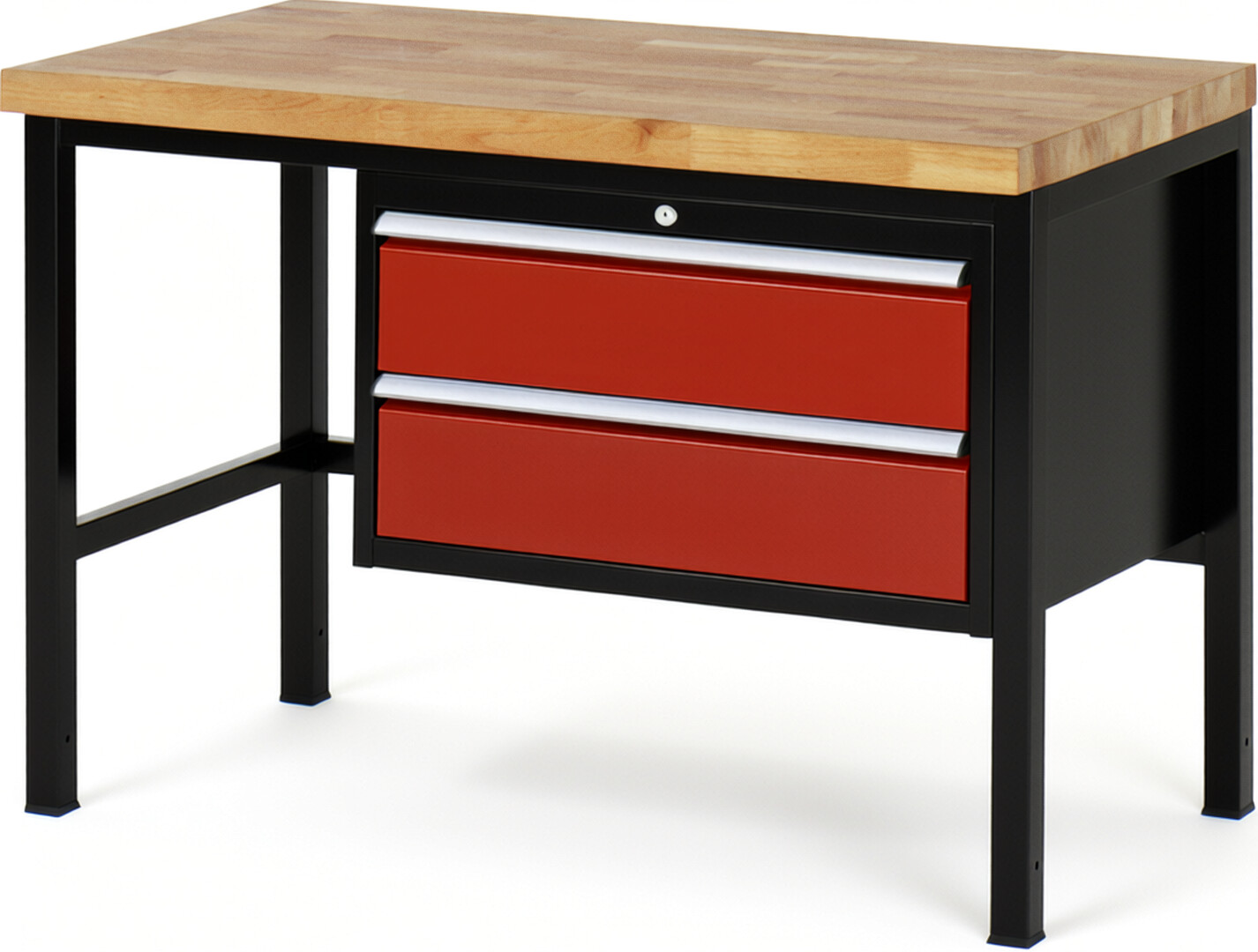 RAU Werkbank schwarz - rot - Breite 125 cm - Tiefe 70 cm - Höhe 104 cm - Buche-Massiv Arbeitsplatte 40 mm