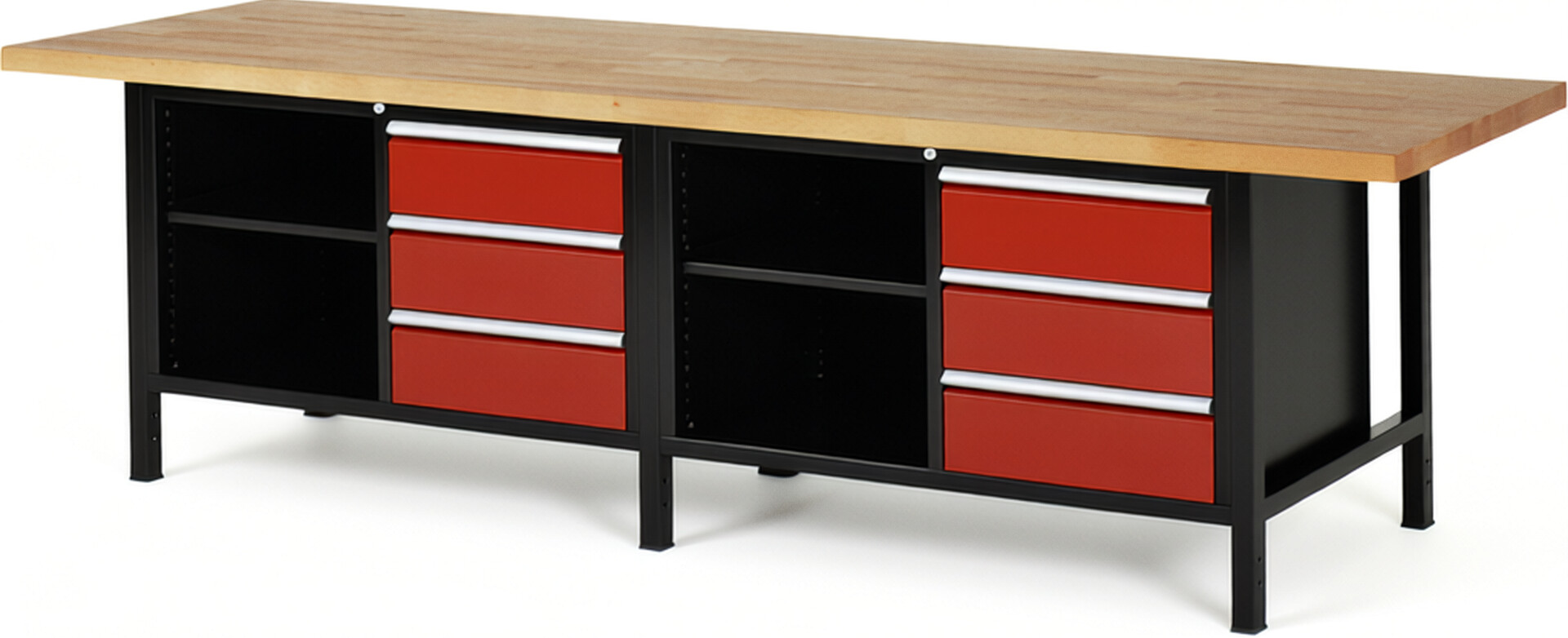 RAU Werkbank schwarz - rot - Breite 300 cm - Tiefe 90 cm - Höhe 104 cm - Buche-Massiv Arbeitsplatte 40 mm