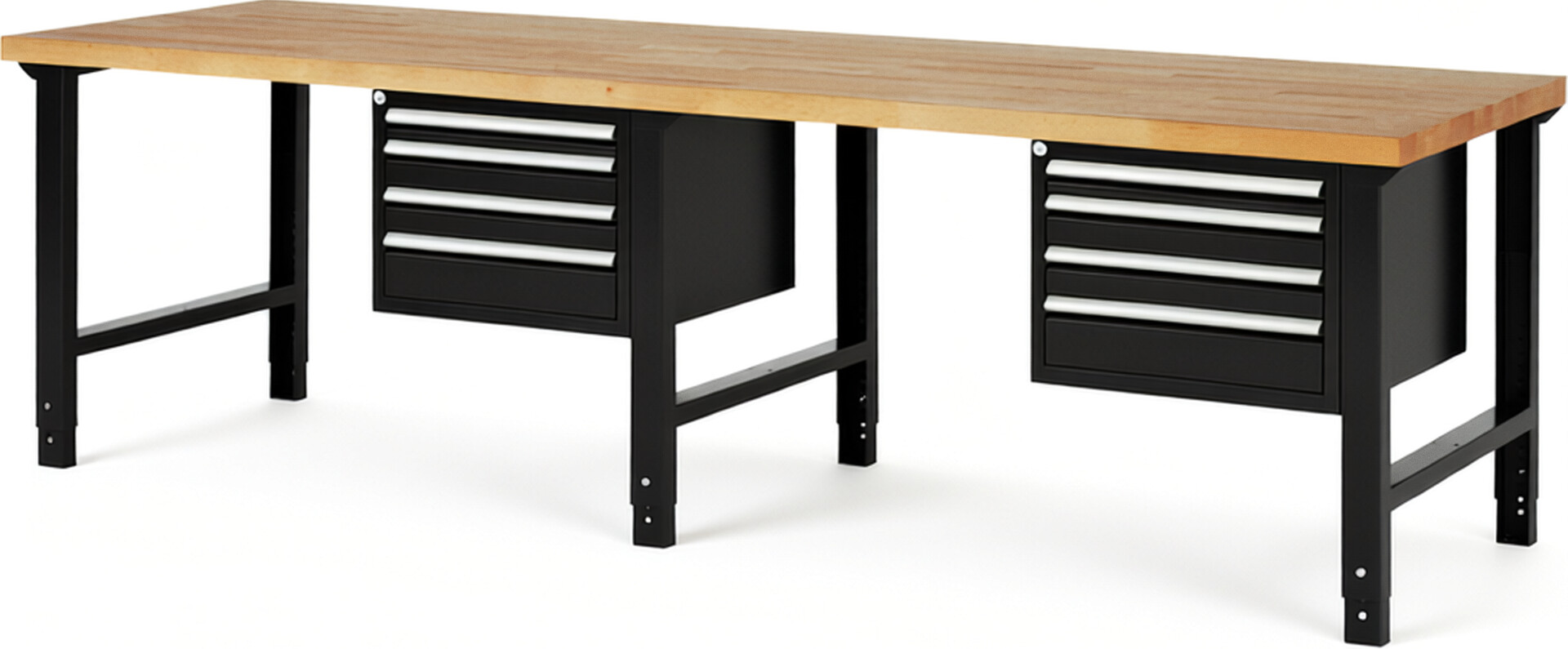 Werkbank Modell 7132 schwarz, BxTxH 3000x900x790-1140 mm,  Buche-Massiv Arbeitsplatte 40 mm,  8 Schubladen mit  Vollauszug 100 % und  SoftClosing