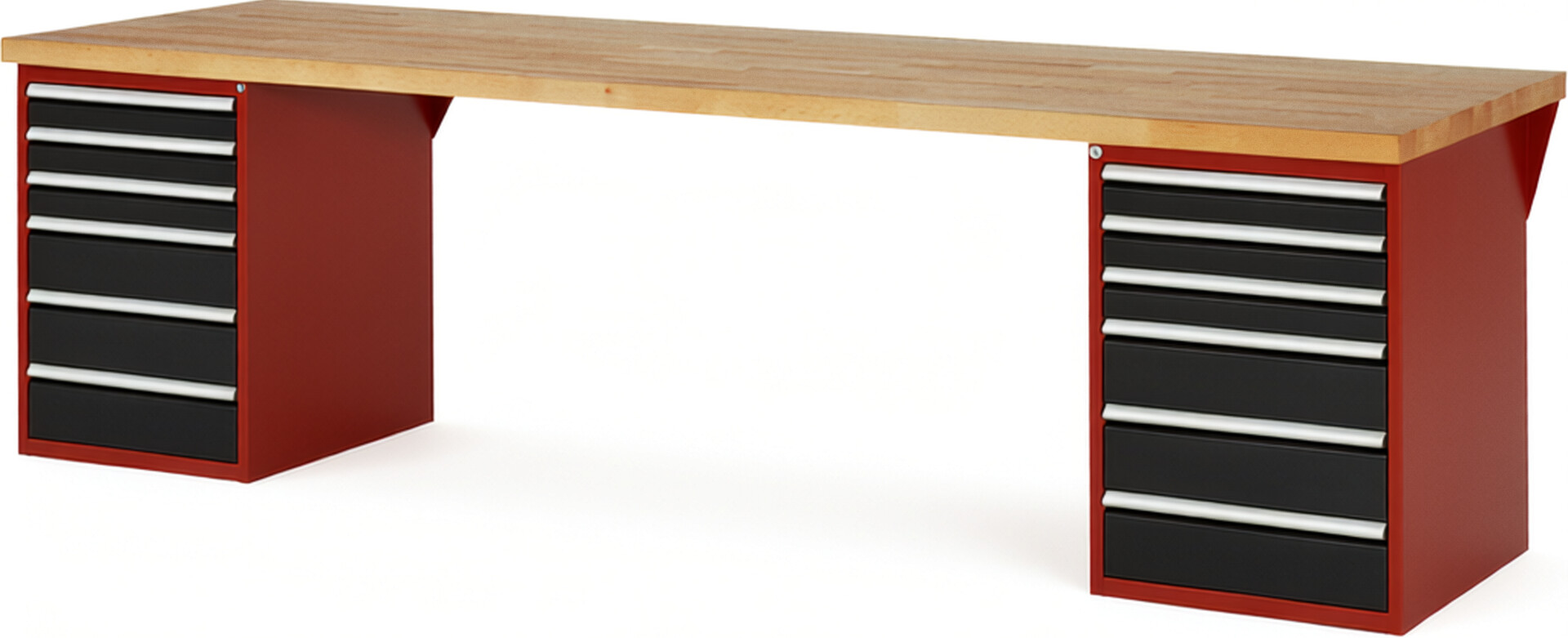 Werkbank Modell 7515 rot - schwarz, BxTxH 3000x900x840 mm,  Buche-Massiv Arbeitsplatte 40 mm,  12 Schubladen mit  Vollauszug 100 % und  SoftClosing
