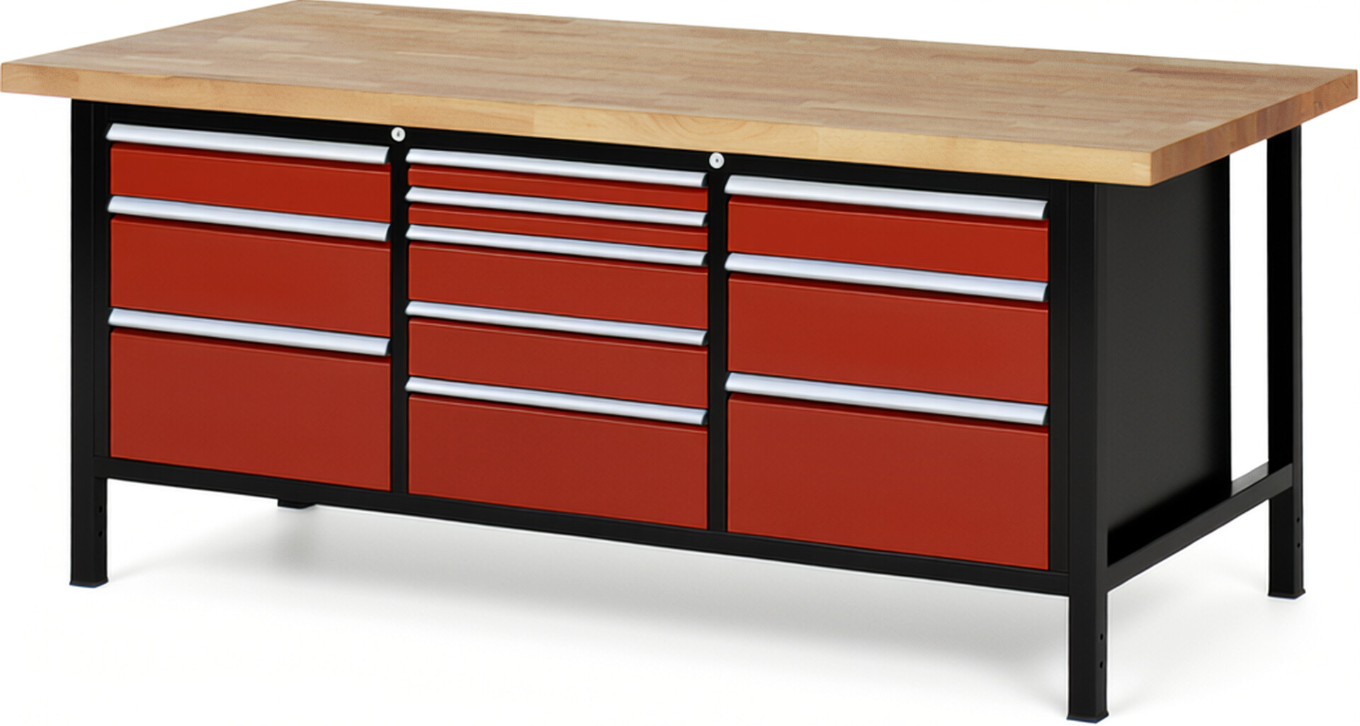 RAU Werkbank schwarz - rot - Breite 200 cm - Tiefe 90 cm - Höhe 104 cm - Buche-Massiv Arbeitsplatte 40 mm