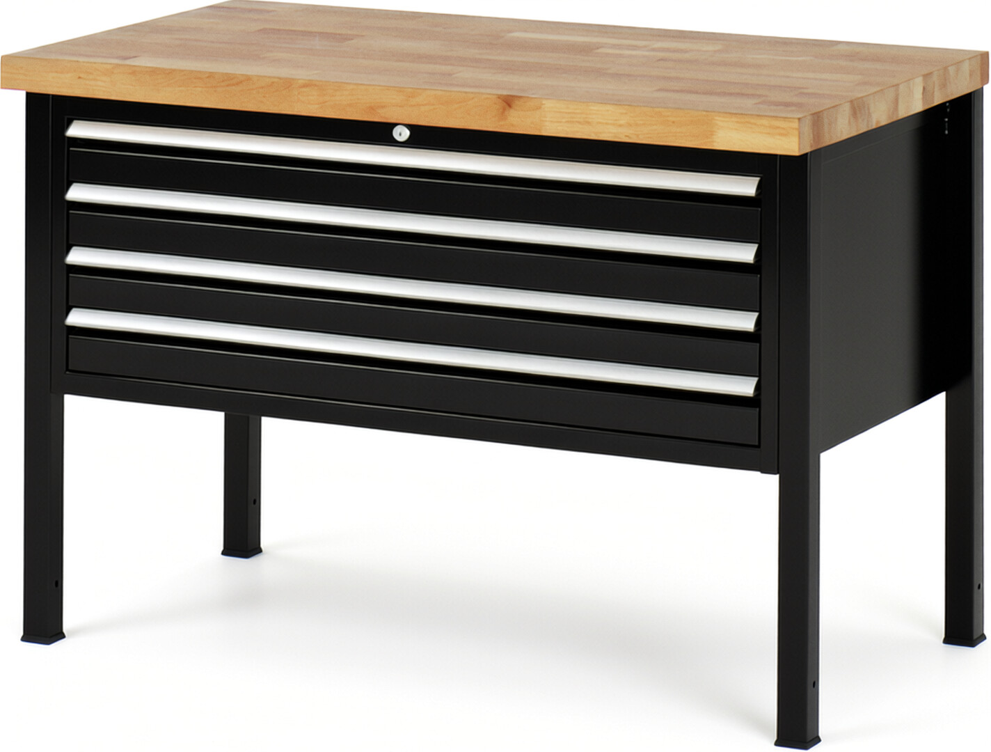 Werkbank Modell 8333 schwarz, BxTxH 1250x700x840-1040 mm,  Buche-Massiv Arbeitsplatte 40 mm,  4 Schubladen mit  Auszug 90 %