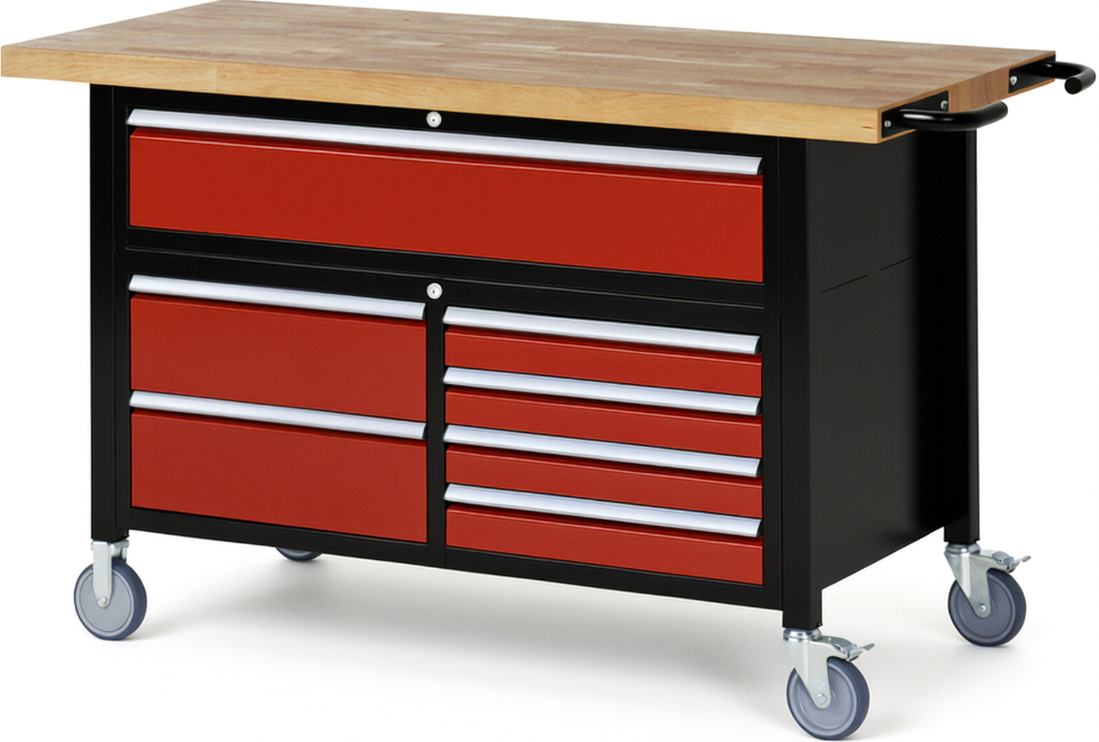 RAU Werkbank schwarz - rot - Breite 150 cm - Tiefe 70 cm - Höhe 112 cm - Buche-Massiv Arbeitsplatte 40 mm