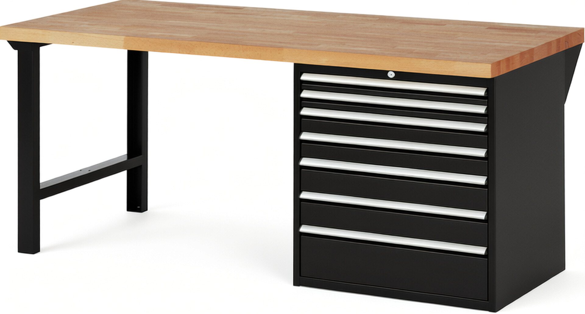 Werkbank Modell 7617 schwarz, BxTxH 2000x900x890 mm,  Buche-Massiv Arbeitsplatte 40 mm,  7 Schubladen mit  Auszug 90 %