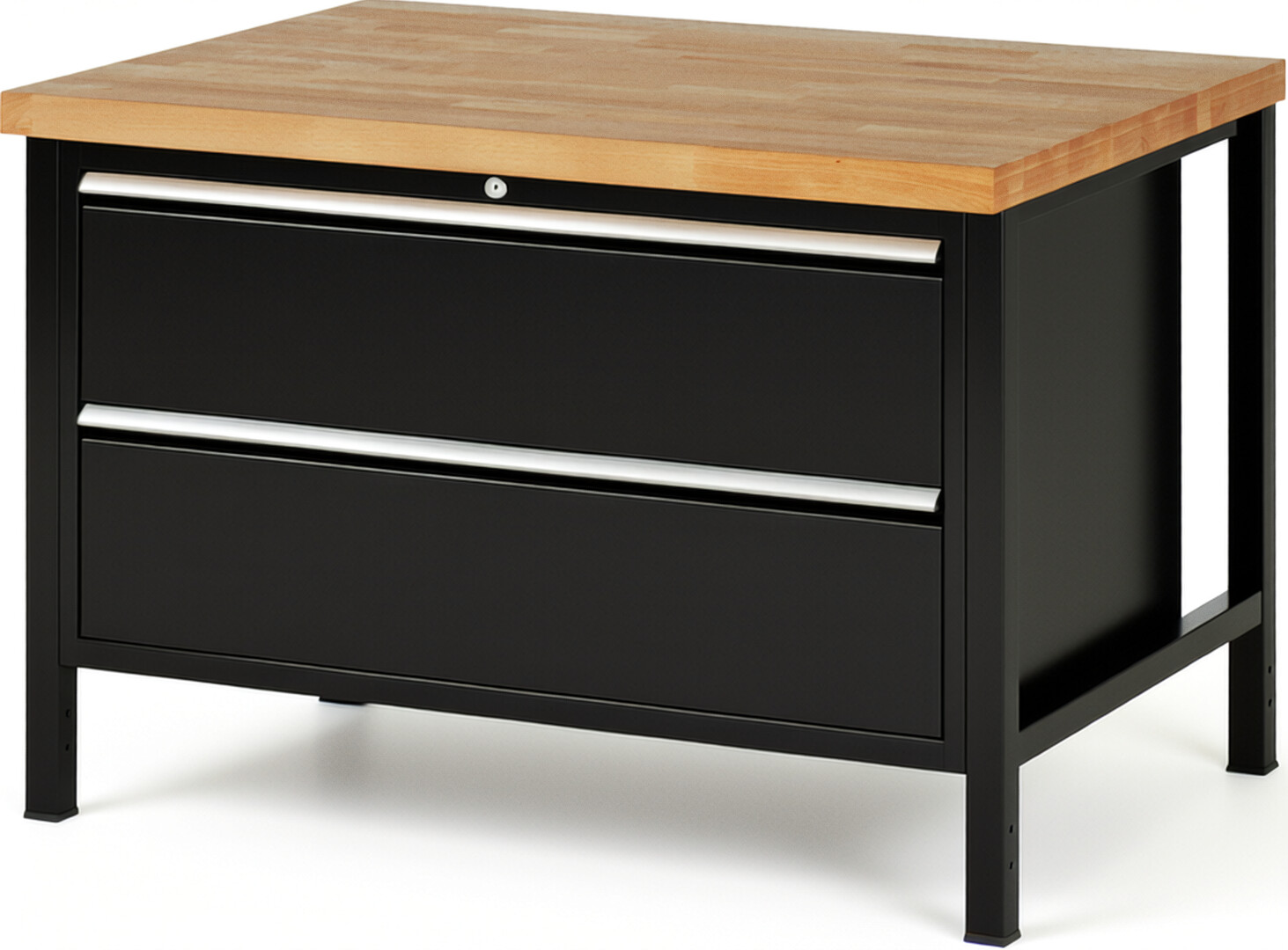 Werkbank Modell 8355 schwarz, BxTxH 1250x900x840-1040 mm,  Buche-Massiv Arbeitsplatte 40 mm,  2 Schubladen mit  Vollauszug 100 % und  SoftClosing