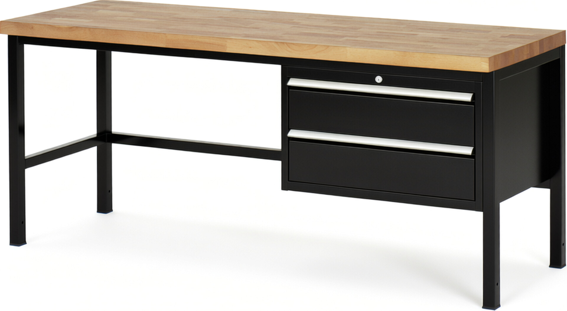Werkbank Modell 8225 schwarz, BxTxH 2000x700x840 mm,  Buche-Massiv Arbeitsplatte 40 mm,  2 Schubladen mit  Auszug 90 %