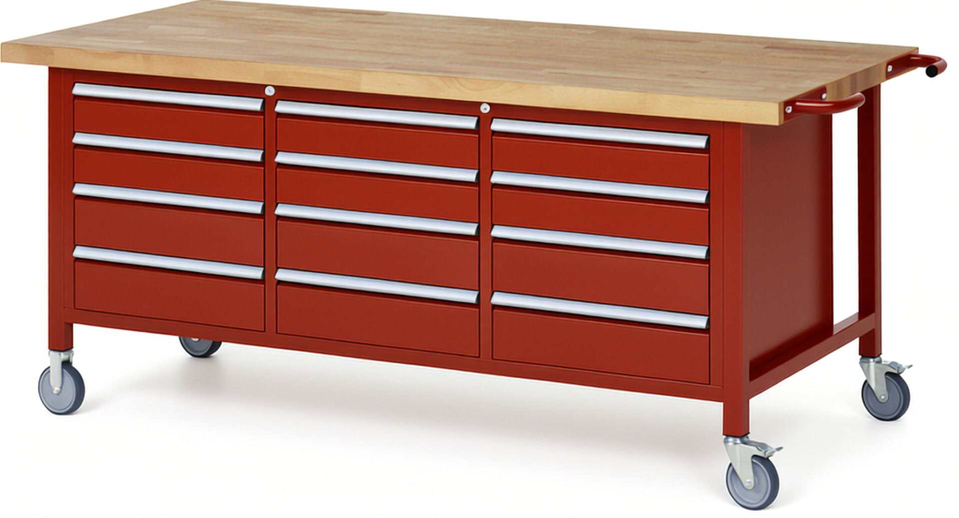 Fahrbare Werkbank Modell 8579 rot, BxTxH 2000x900x880-1080 mm,  Buche-Massiv Arbeitsplatte 40 mm,  12 Schubladen mit  Vollauszug 100 % und  SoftClosing