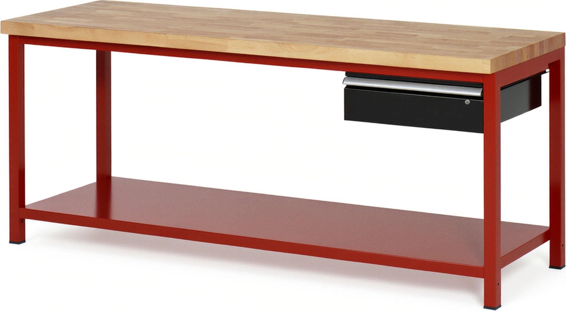 Werkbank Modell 8001 rot - schwarz, BxTxH 2000x700x840 mm,  Buche-Massiv Arbeitsplatte 40 mm,  1 Schublade mit  Auszug 90 %