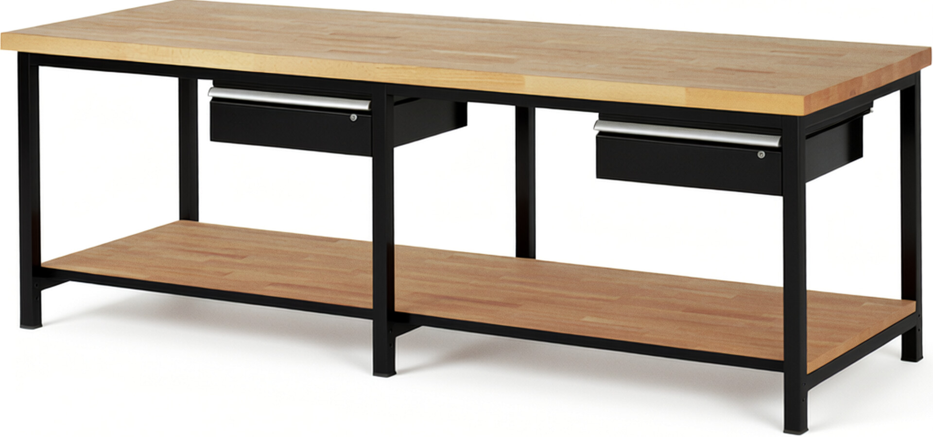 Werkbank Modell 8001 schwarz, BxTxH 2500x900x840-1040 mm,  Buche-Massiv Arbeitsplatte 40 mm,  2 Schubladen mit  Auszug 90 %