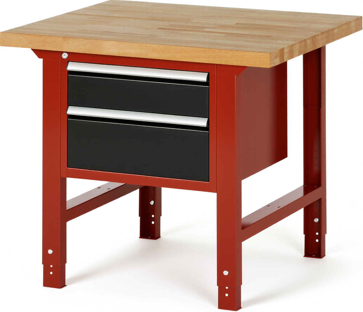 Werkbank Modell 7123 rot - schwarz, BxTxH 1000x900x790-1140 mm,  Buche-Massiv Arbeitsplatte 40 mm,  2 Schubladen mit  Vollauszug 100 % und  SoftClosing