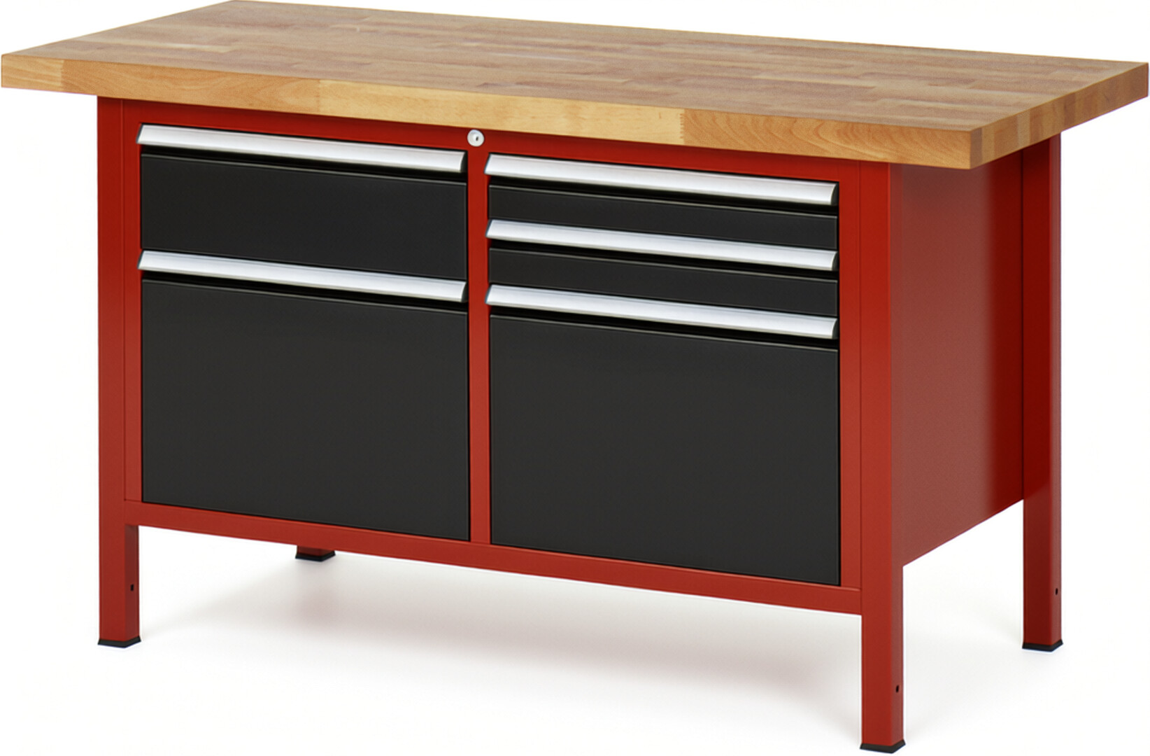 Werkbank Modell 8472 rot - schwarz, BxTxH 1500x700x840-1040 mm,  Buche-Massiv Arbeitsplatte 40 mm,  5 Schubladen mit  Auszug 90 %