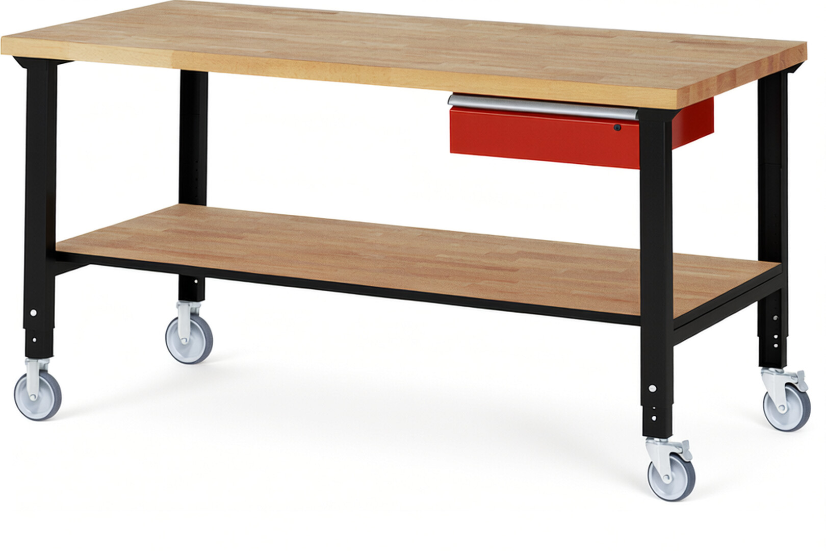 Fahrbare Werkbank Modell 7001 schwarz-rot, BxTxH 2000x900x950-1000 mm,  Buche-Massiv Arbeitsplatte 40 mm,  1 Schublade mit  Auszug 90 %