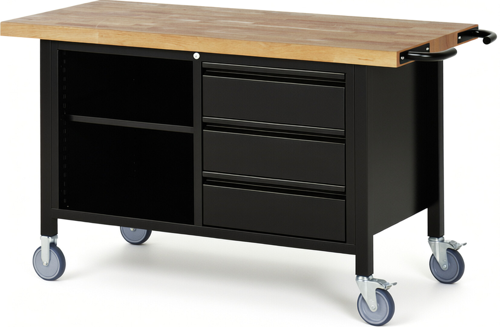 Fahrbare Werkbank - Modell 8462 BASIC schwarz, BxTxH 1500x700x880 mm,  Buche-Massiv Arbeitsplatte 40 mm,  3 Schubladen mit  Auszug 90 %