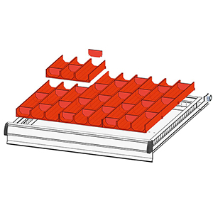 Schubladentrenner, Einteilungsmaterial-Set, 9 3-teilige Mulden, 153x153x28 mm, 27 Trenneinsätze, Muldenbreite 45 mm, passend für Gehäusegröße BxT 578x600 mm