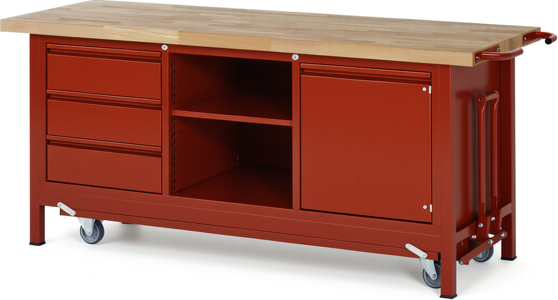 Absenkbare Werkbank - Modell 8563 BASIC rot, BxTxH 2000x700x880 mm,  Buche-Massiv Arbeitsplatte 40 mm,  3 Schubladen mit  Auszug 90 %