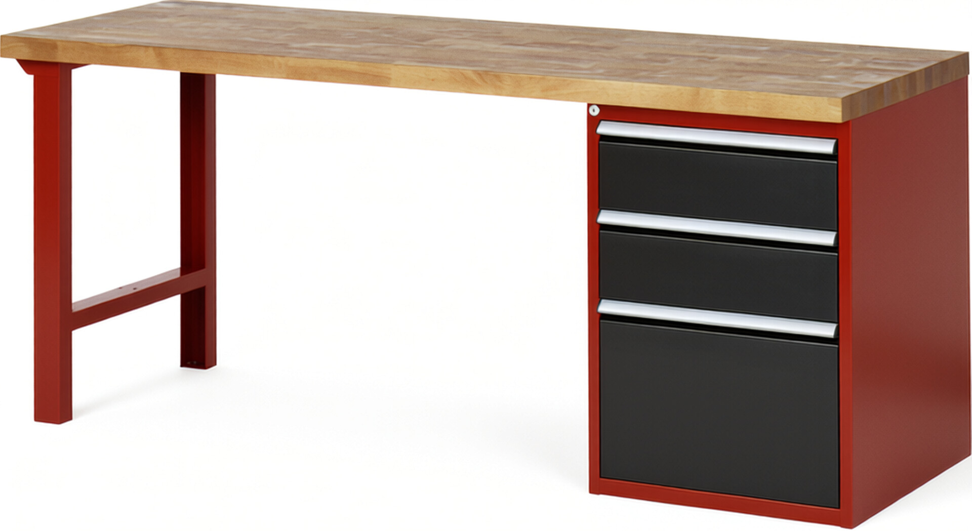 Werkbank Modell 7507 rot - schwarz, BxTxH 2000x700x890 mm,  Buche-Massiv Arbeitsplatte 40 mm,  3 Schubladen mit  Auszug 90 %