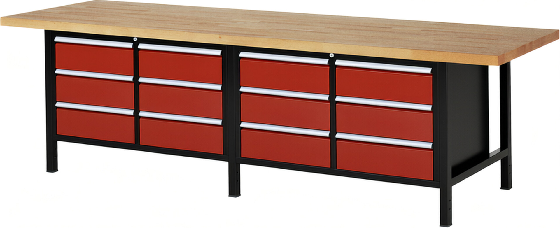 RAU Werkbank schwarz - rot - Breite 300 cm - Tiefe 90 cm - Höhe 104 cm - Buche-Massiv Arbeitsplatte 40 mm