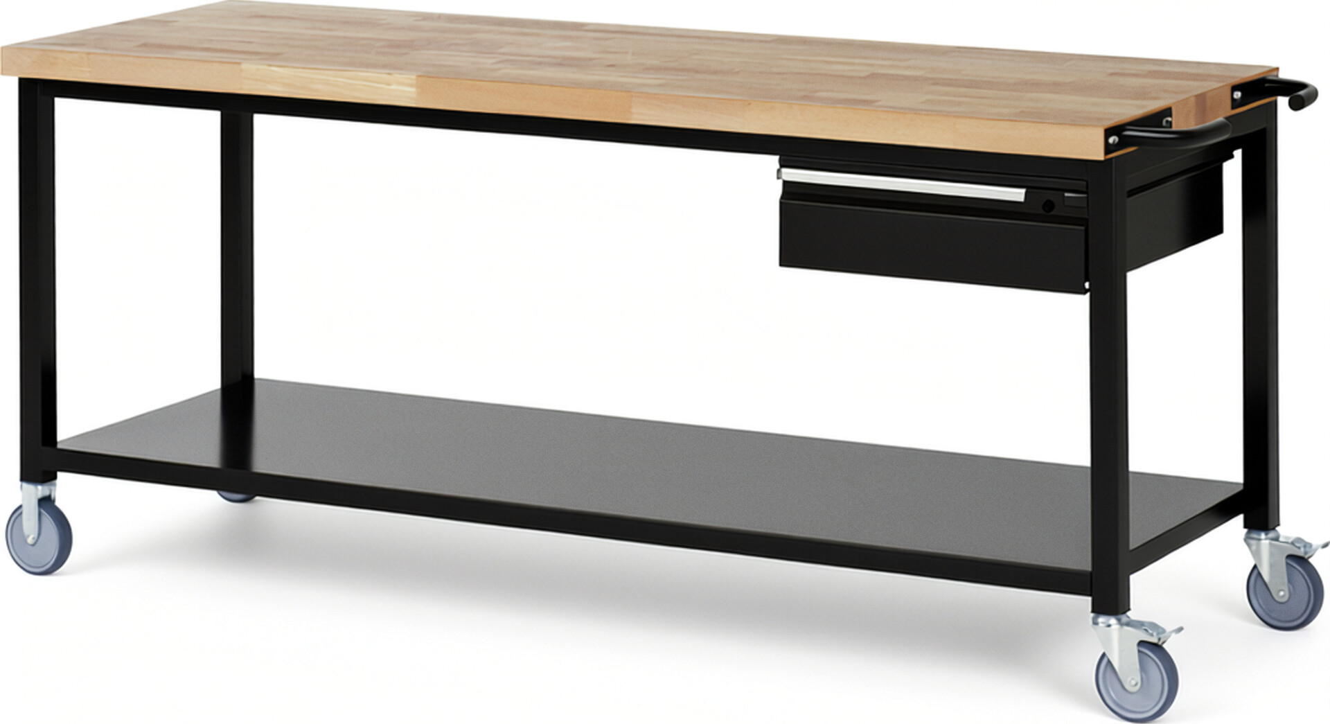 Fahrbare Werkbank - Modell 8001 BASIC schwarz, BxTxH 2000x700x880 mm,  Buche-Massiv Arbeitsplatte 40 mm,  1 Schublade mit  Auszug 90 %