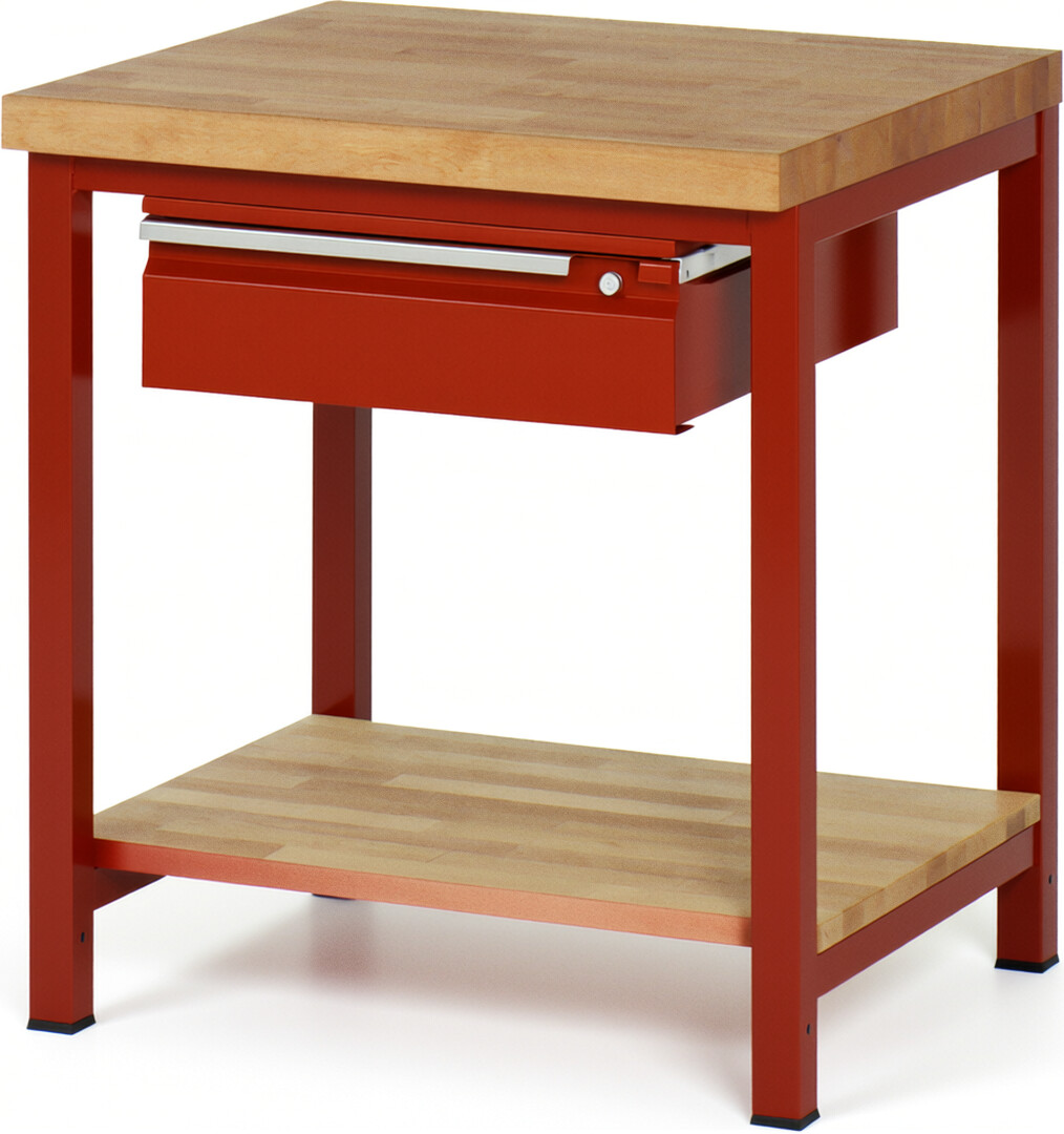 Werkbank - Modell 8001 BASIC rot, BxTxH 750x700x840-1040 mm,  Buche-Massiv Arbeitsplatte 40 mm,  1 Schublade mit  Auszug 90 %