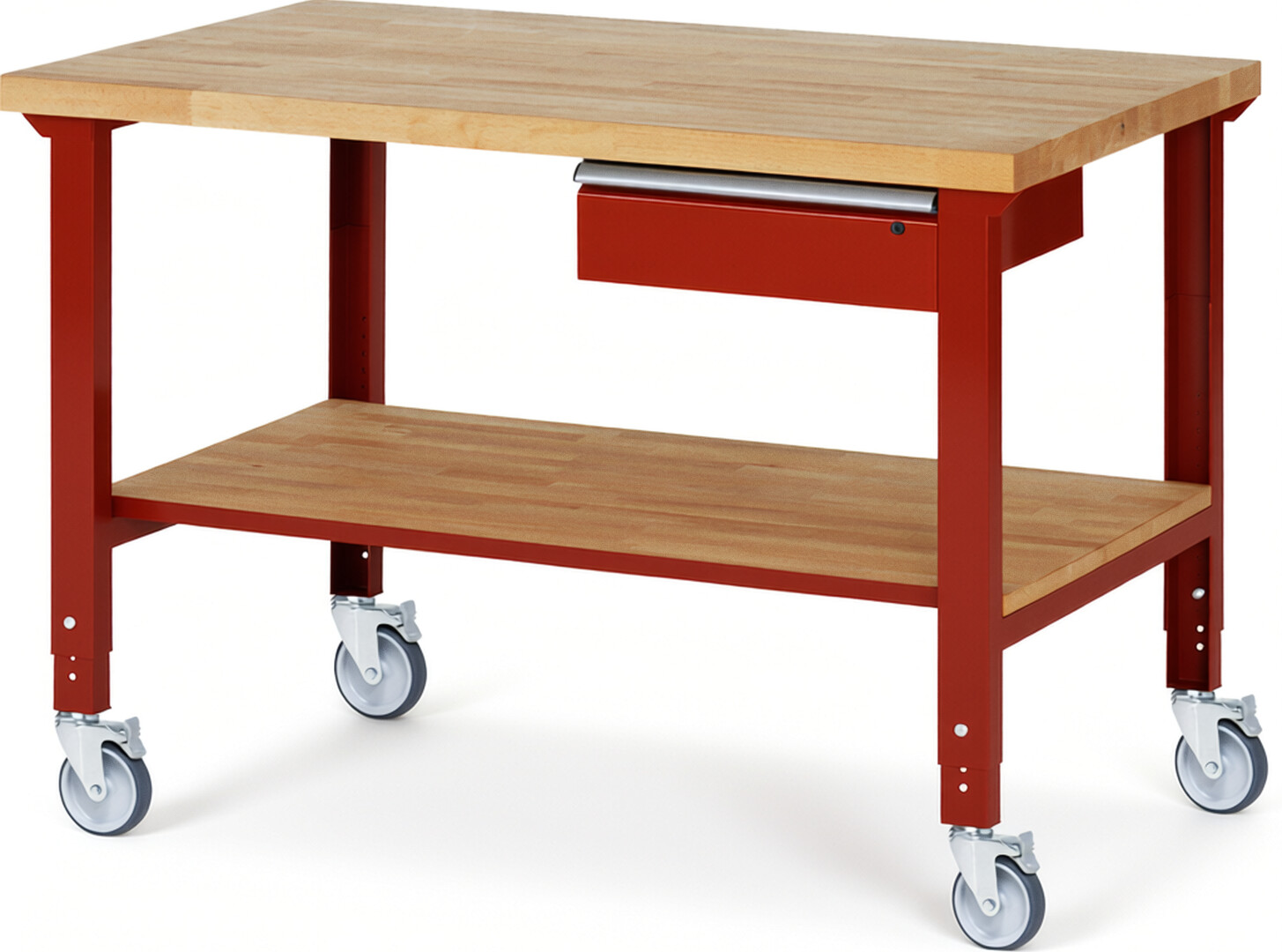 RAU Werkbank rot - Breite 150 cm - Tiefe 90 cm - Höhe 100 cm - Buche-Massiv Arbeitsplatte 40 mm